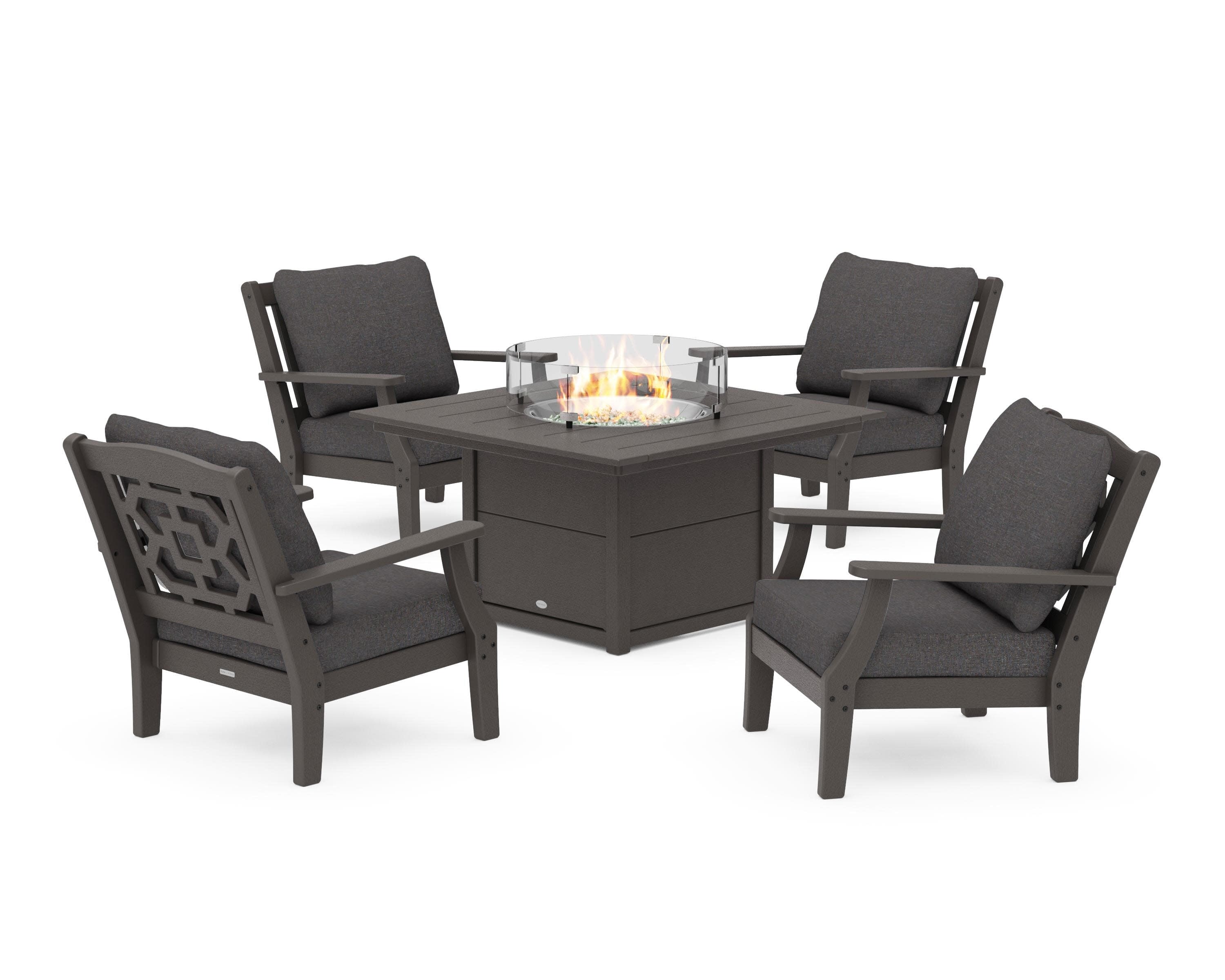 Chinoiserie 5-Piece Deep Seating Set with Fire Pit Table in Vintage Coffee / Ash Charcoal