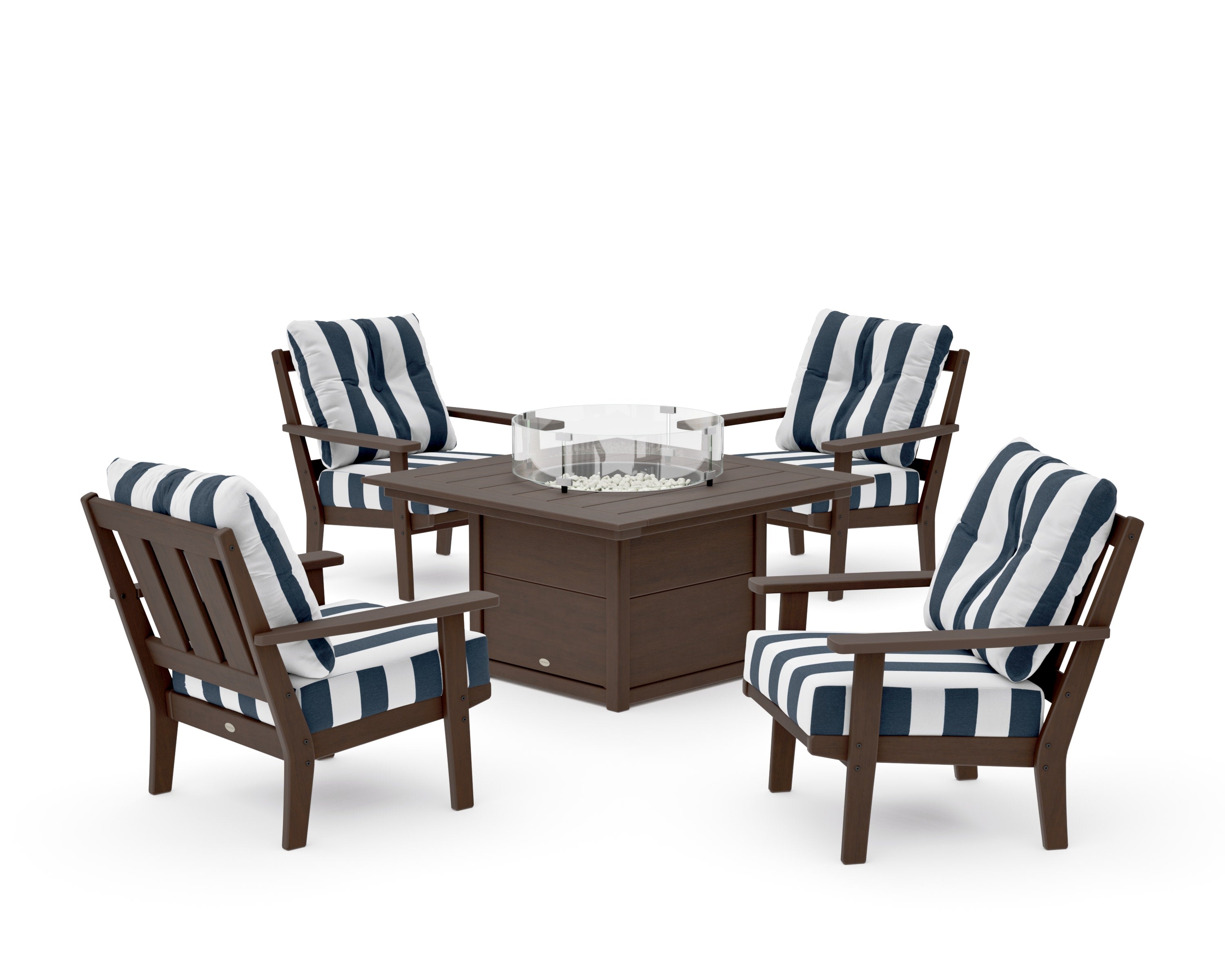 Oxford 5-Piece Deep Seating Set with Fire Pit Table in Kona / Cabana Stripe Marine Indigo