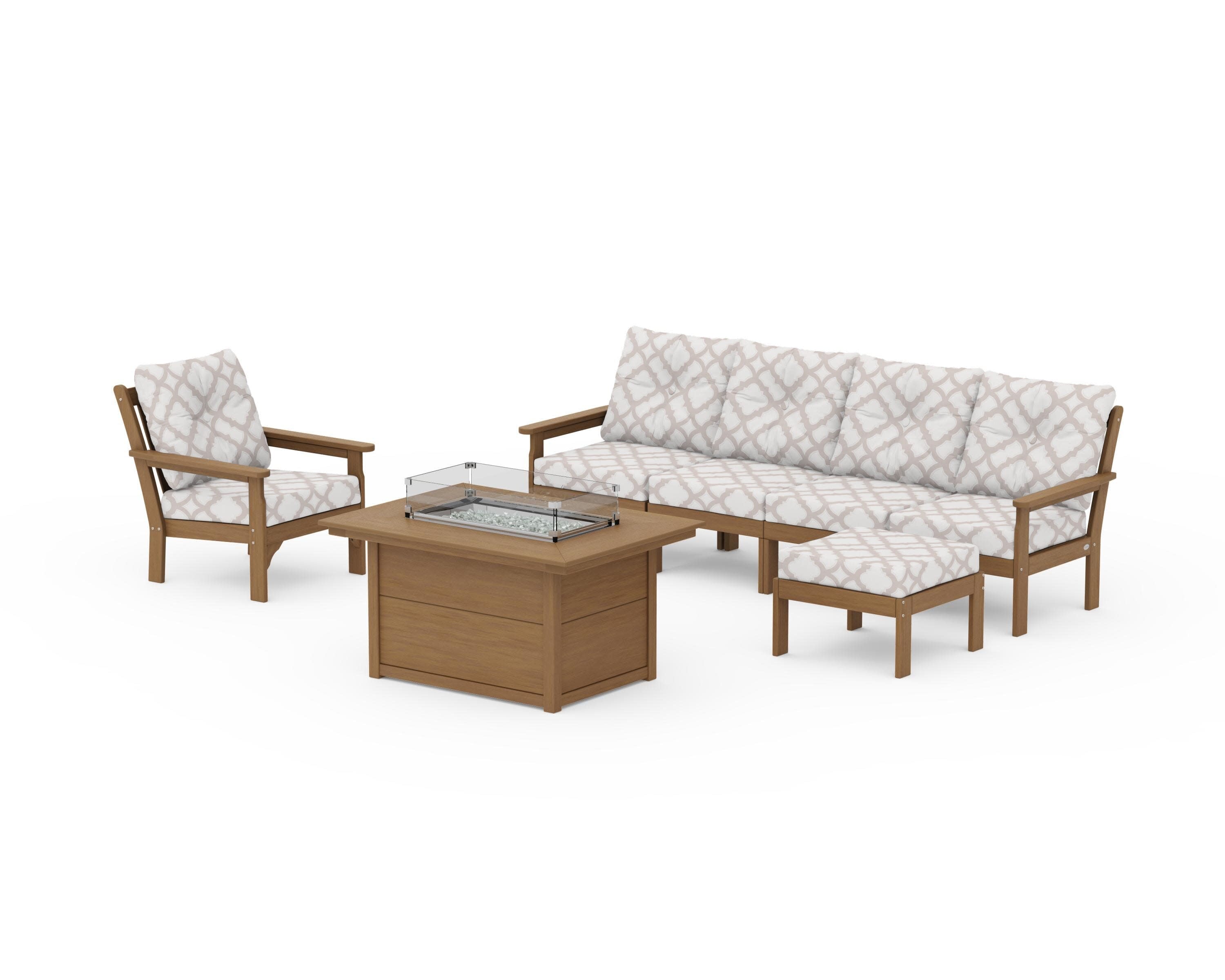 Vineyard Sectional Lounge and Fire Pit Set in Natural / Trellis Dune Burlap