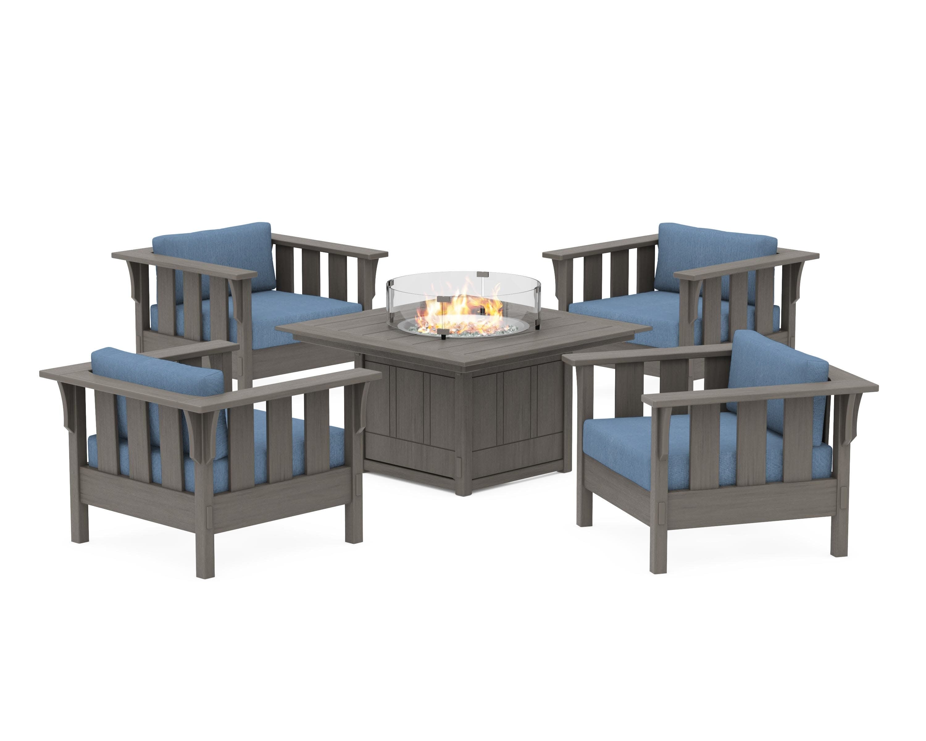 Acadia 5-Piece Deep Seating Set with Fire Pit Table in Driftwood / Sky Blue