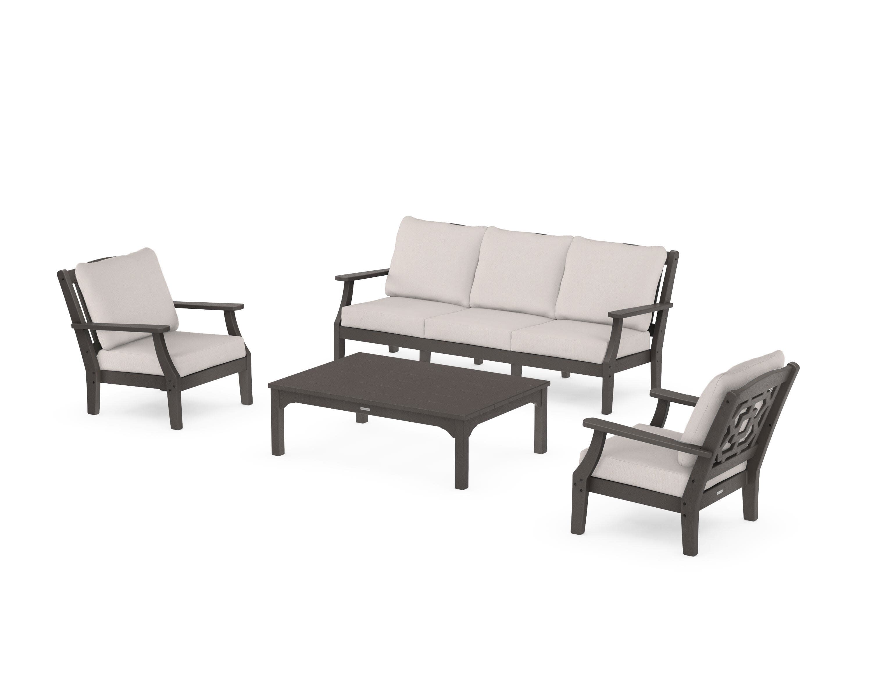 Chinoiserie 4-Piece Deep Seating Set with Sofa in Vintage Coffee / Dune Burlap