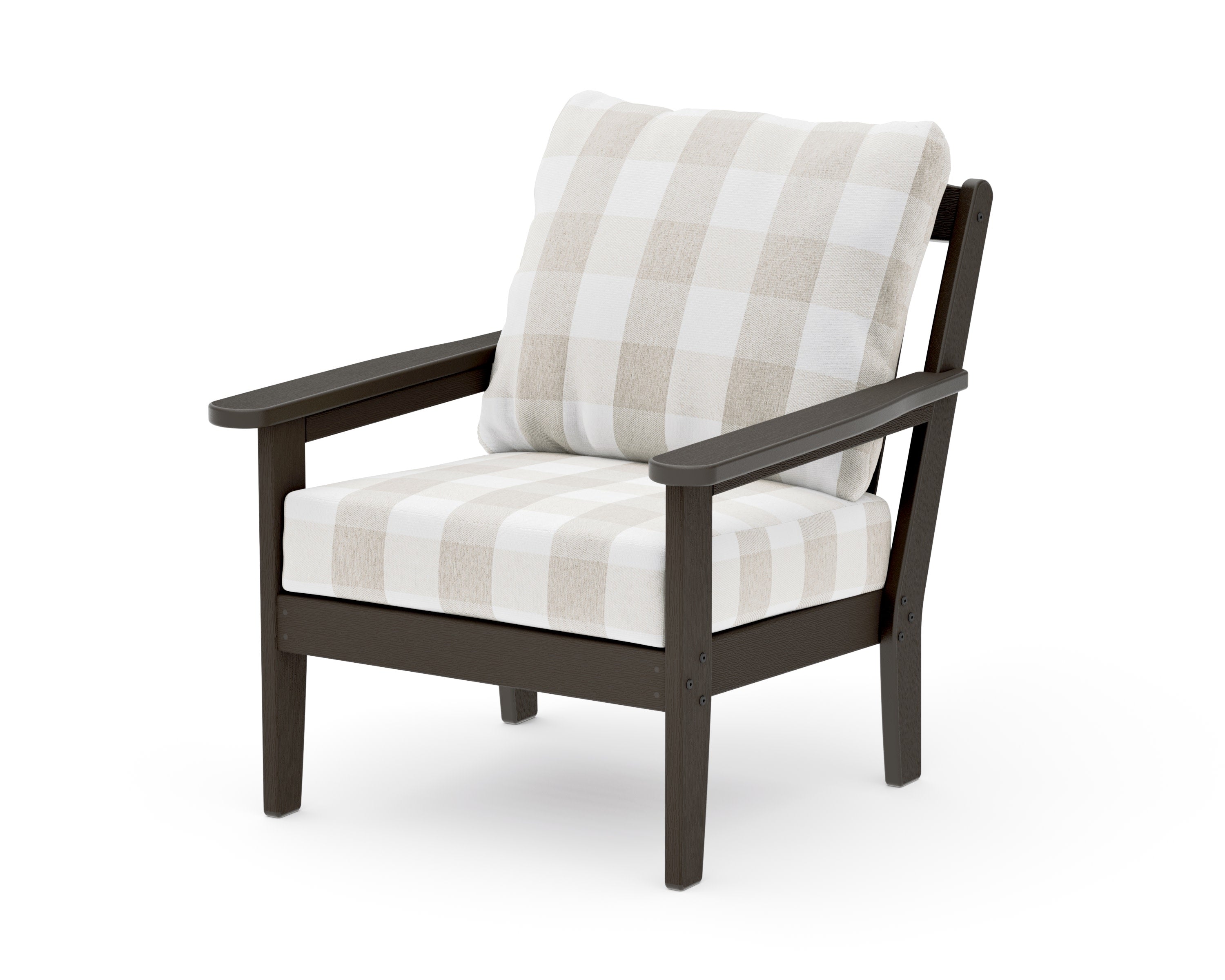 Cottage Deep Seating Chair in Vintage Coffee / Buffalo Plaid Dune Burlap