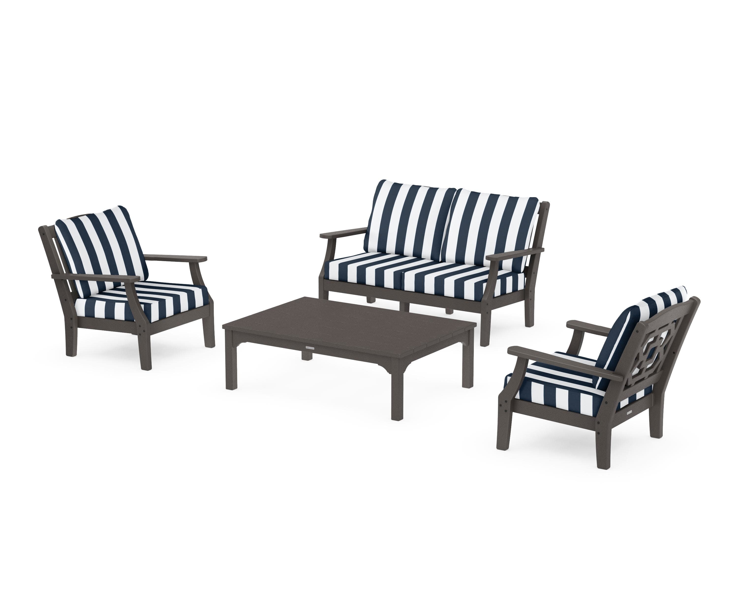 Chinoiserie 4-Piece Deep Seating Set with Loveseat in Vintage Coffee / Cabana Stripe Marine Indigo