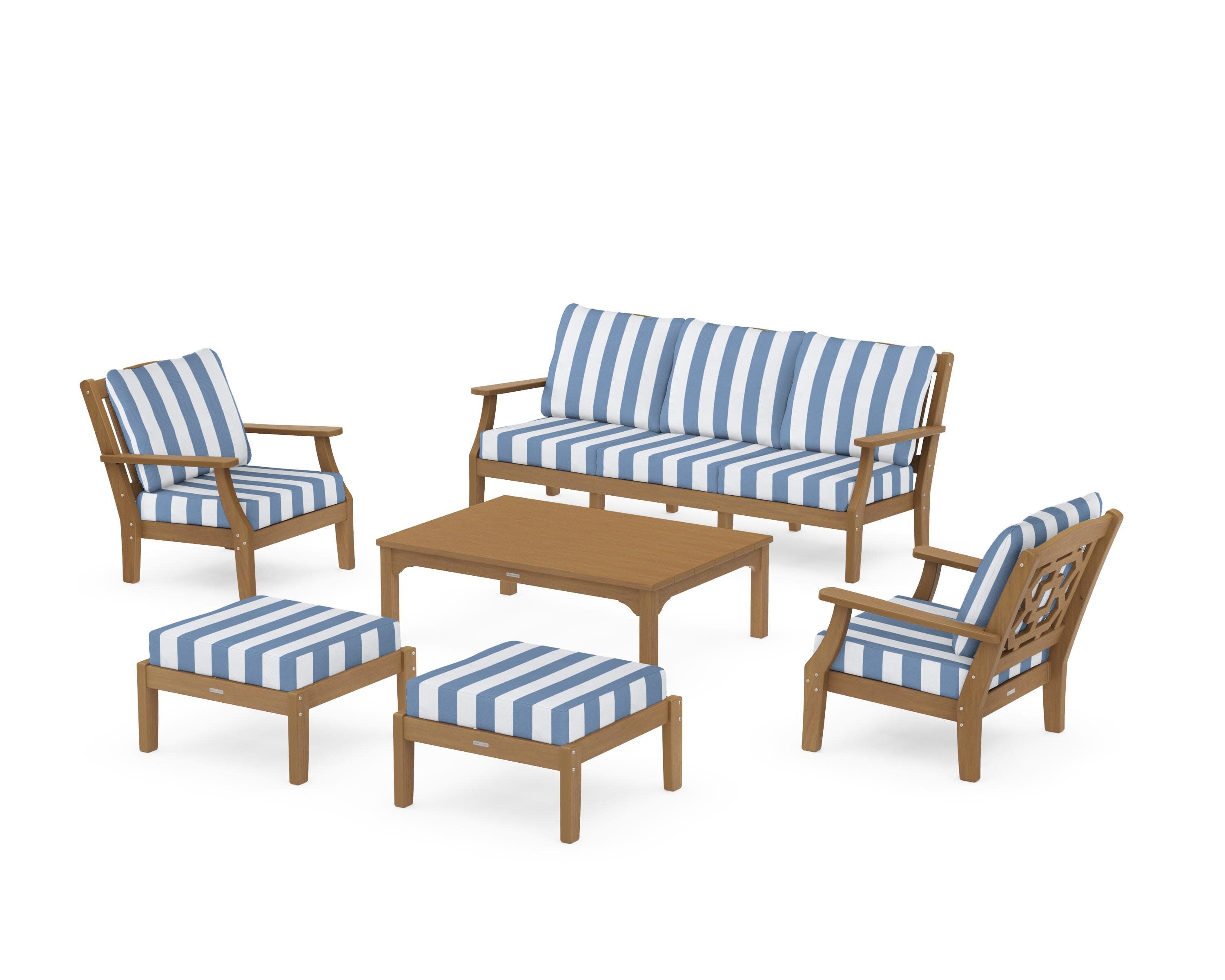 Chinoiserie 6-Piece Lounge Sofa Set in Natural / Cabana Stripe Sky Blue
