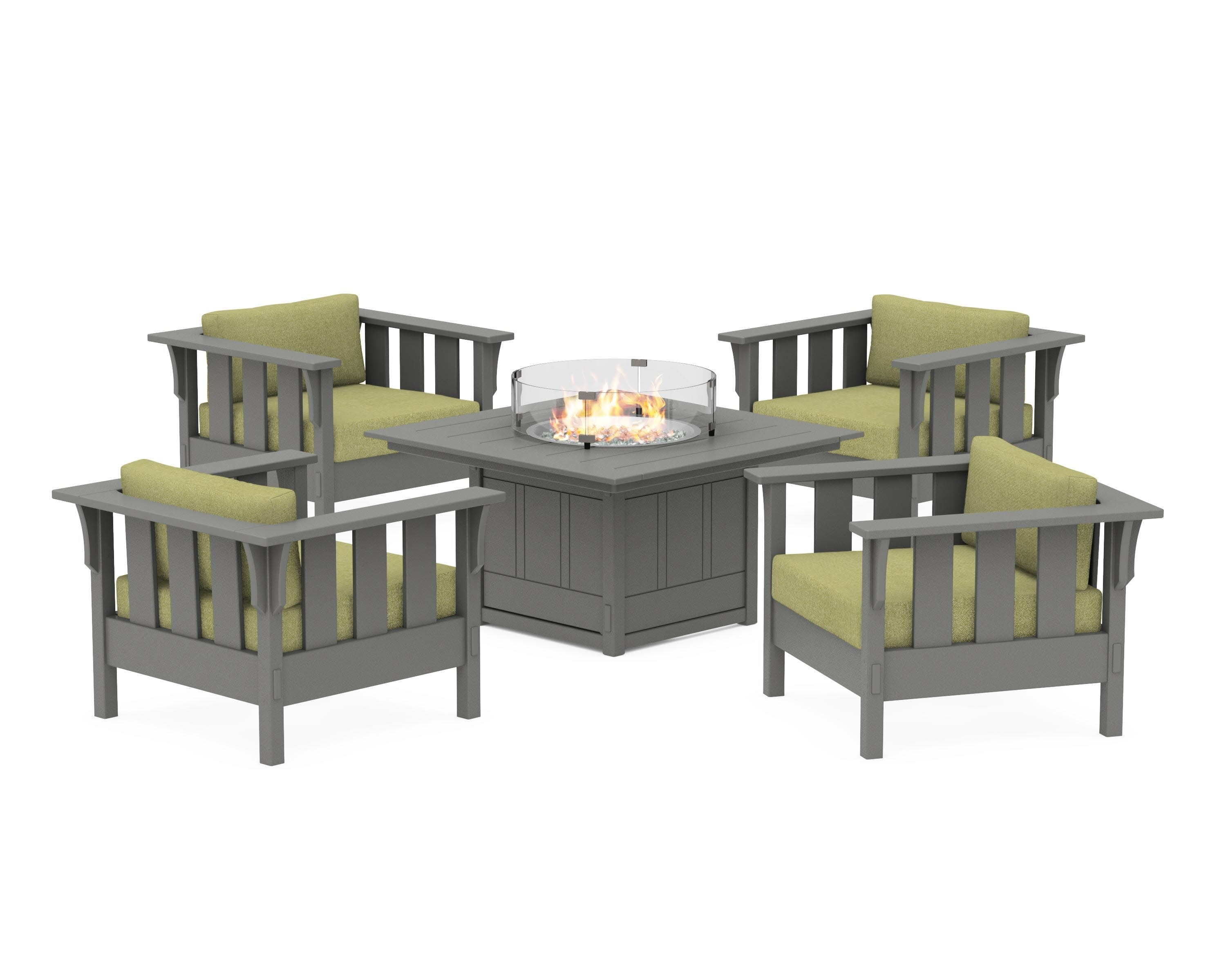 Acadia 5-Piece Deep Seating Set with Fire Pit Table in Slate Grey / Chartreuse Boucle