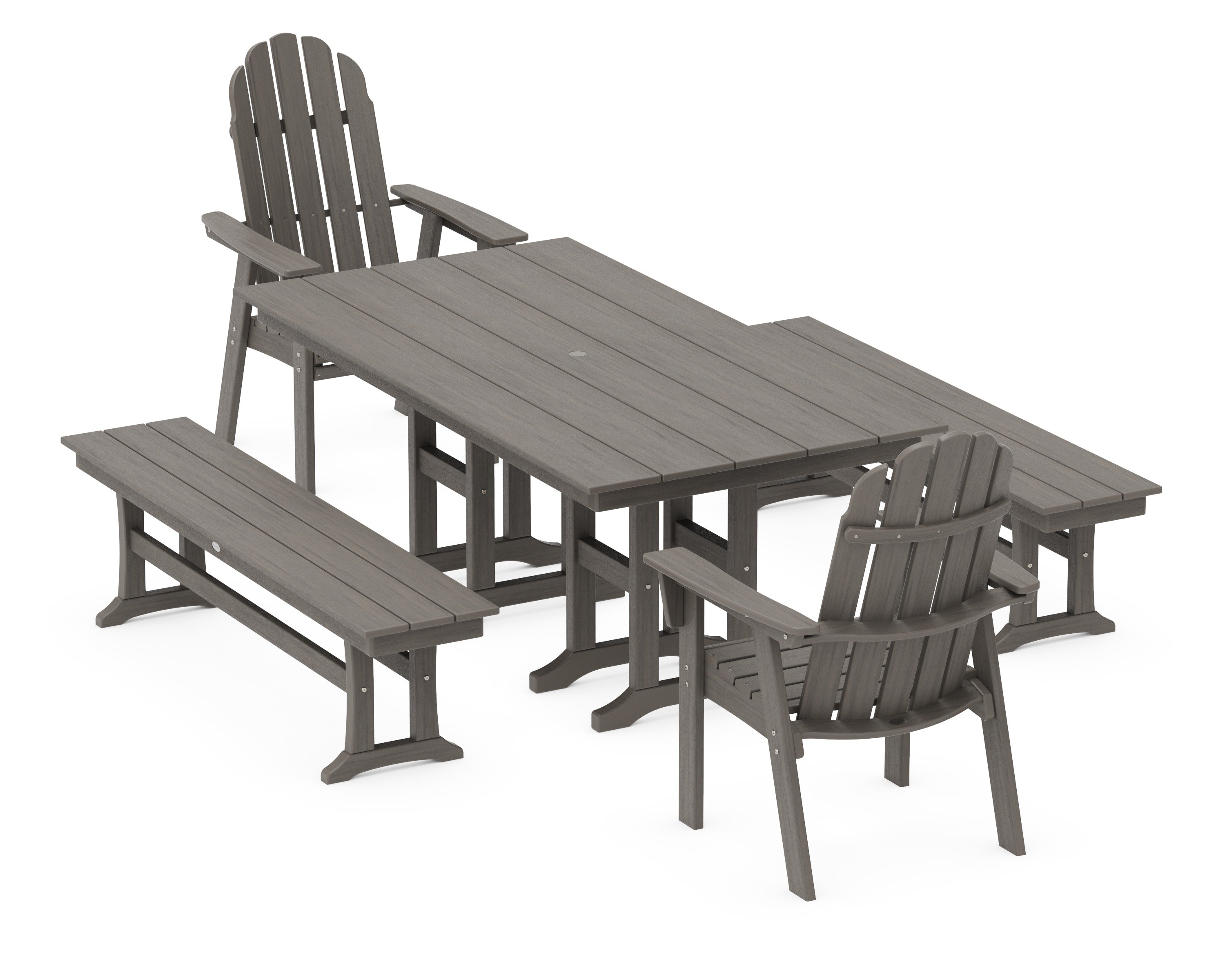 Vineyard Curveback Adirondack 5-Piece Farmhouse Dining Set with Benches in Driftwood