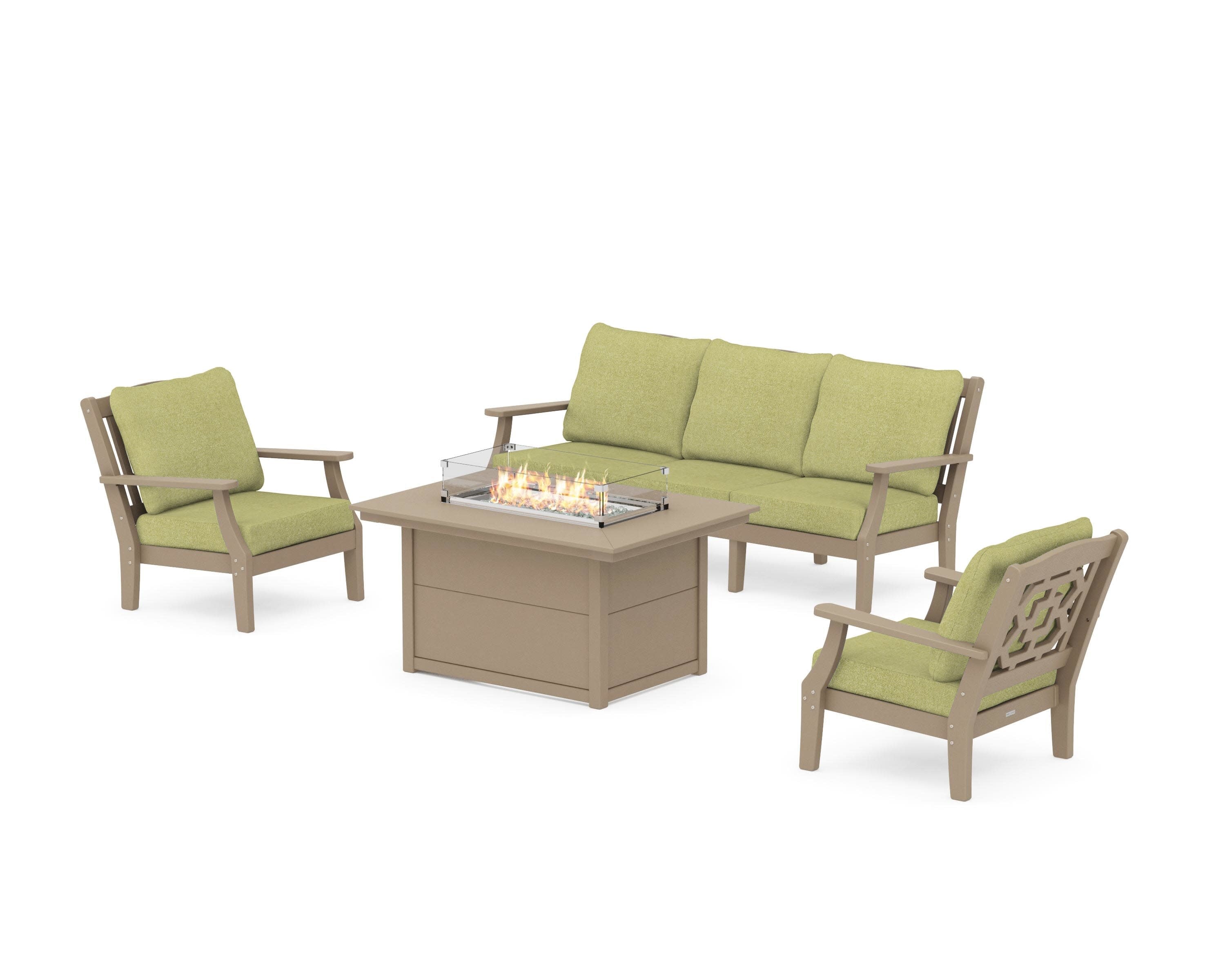 Chinoiserie Deep Seating Fire Pit Table Set in Vintage Sahara / Chartreuse Boucle