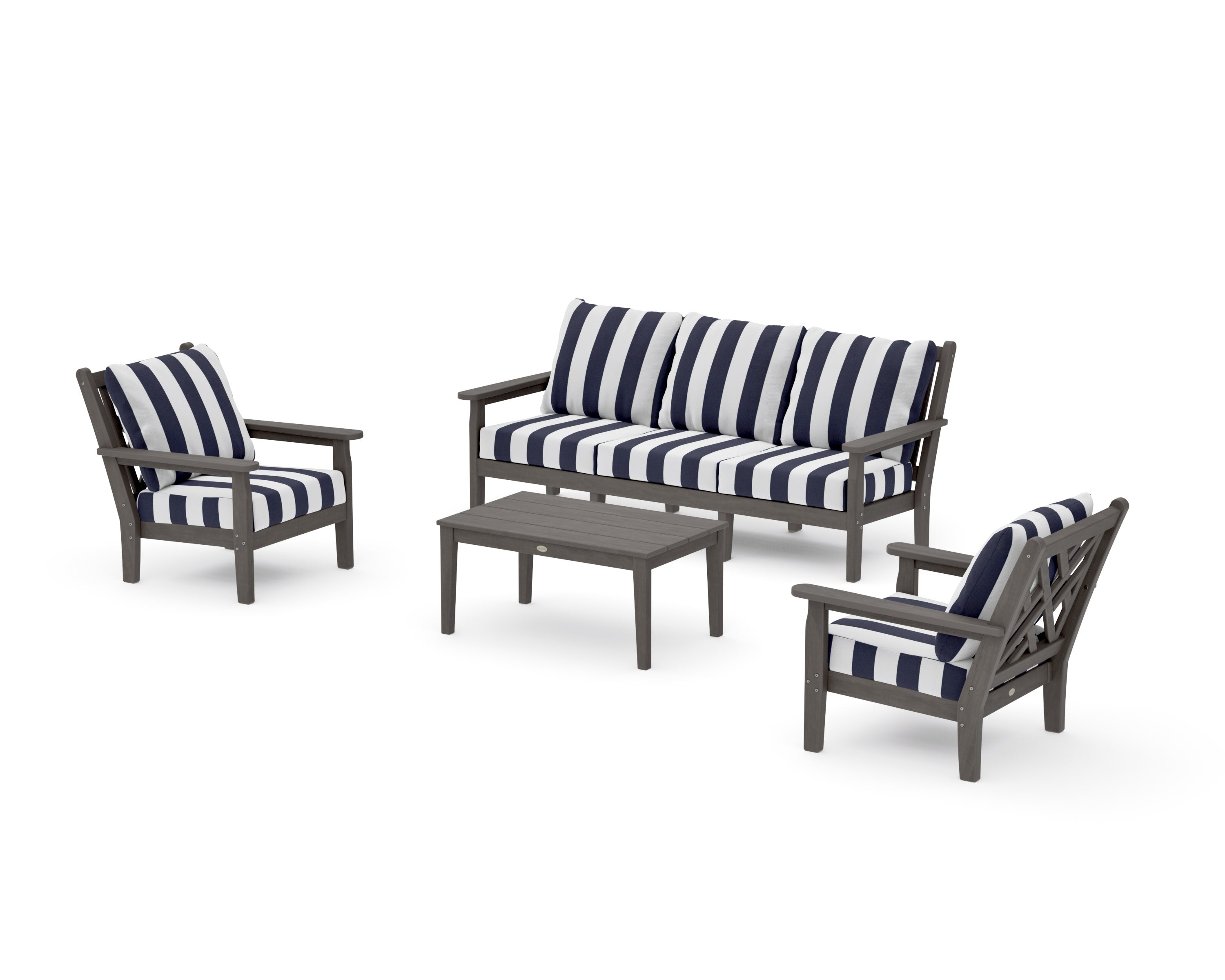 Chippendale 4-Piece Deep Seating Set with Sofa in Driftwood / Cabana Stripe Navy