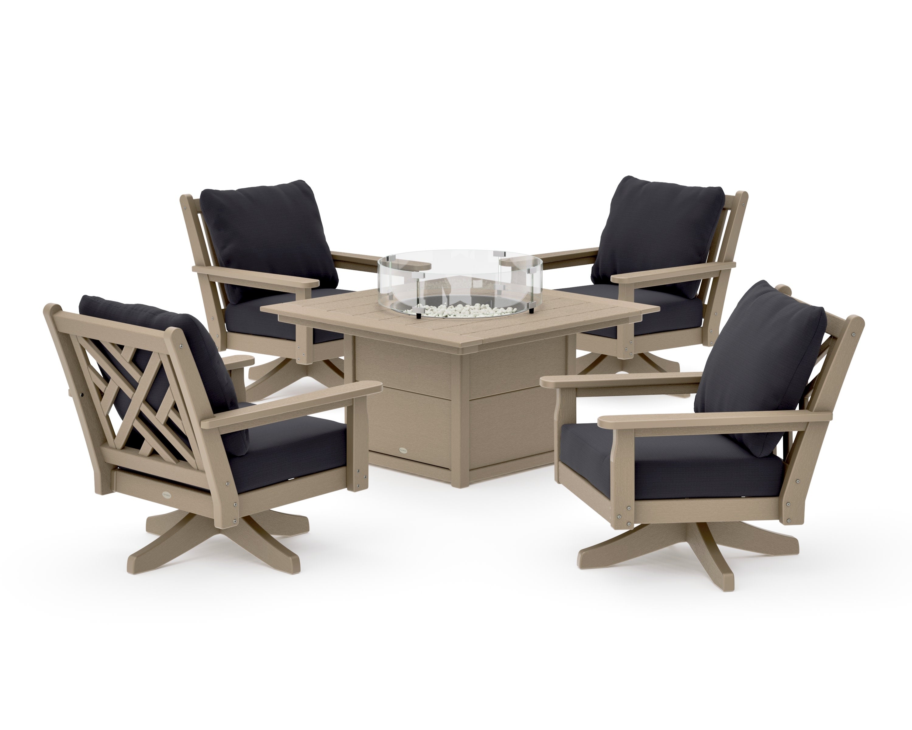 Chippendale 5-Piece Deep Seating Swivel Conversation Set with Fire Pit Table in Vintage Sahara / Midnight Linen