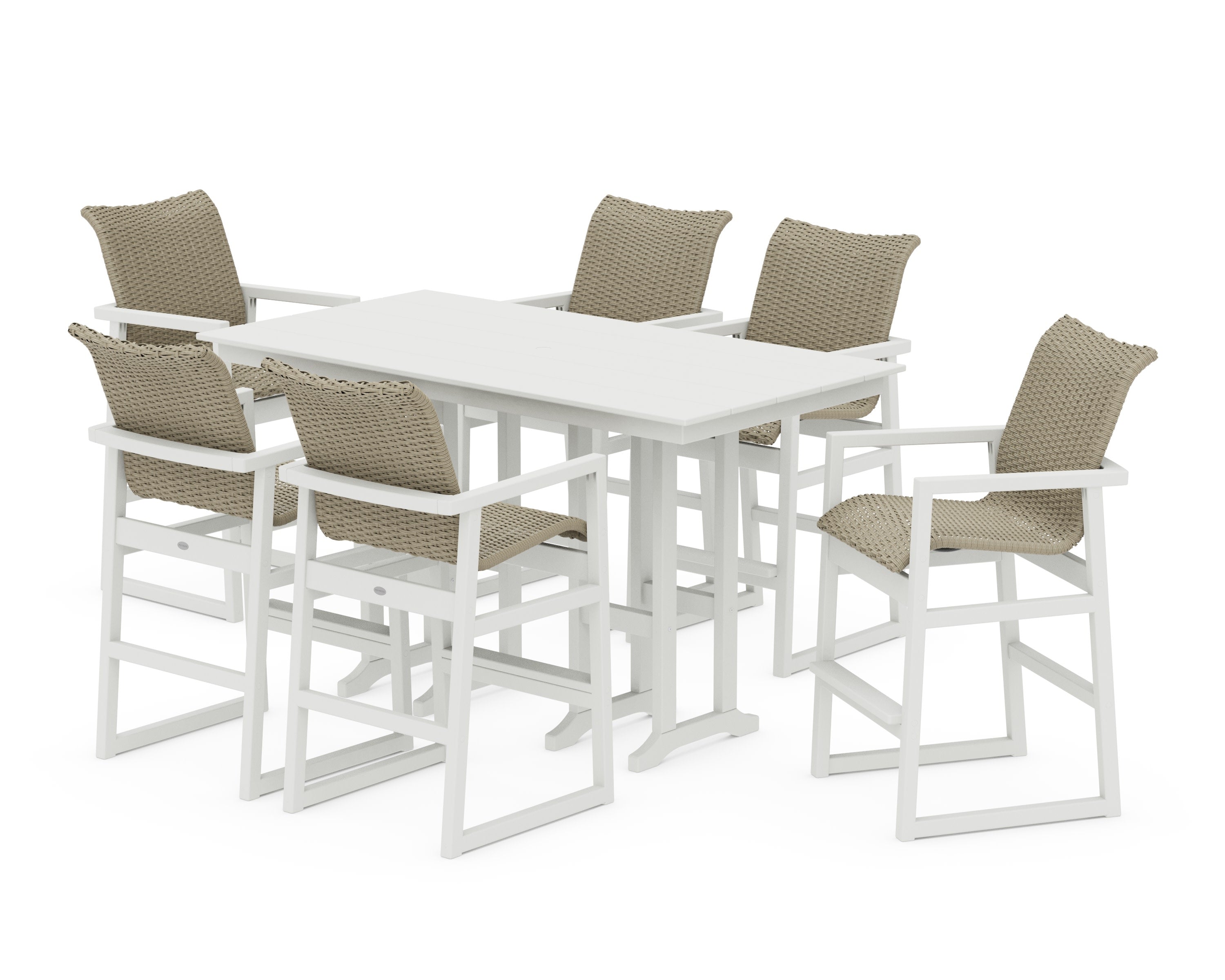 EDGE Woven Arm Chair 7-Piece Farmhouse Bar Set in White / Dune Grass