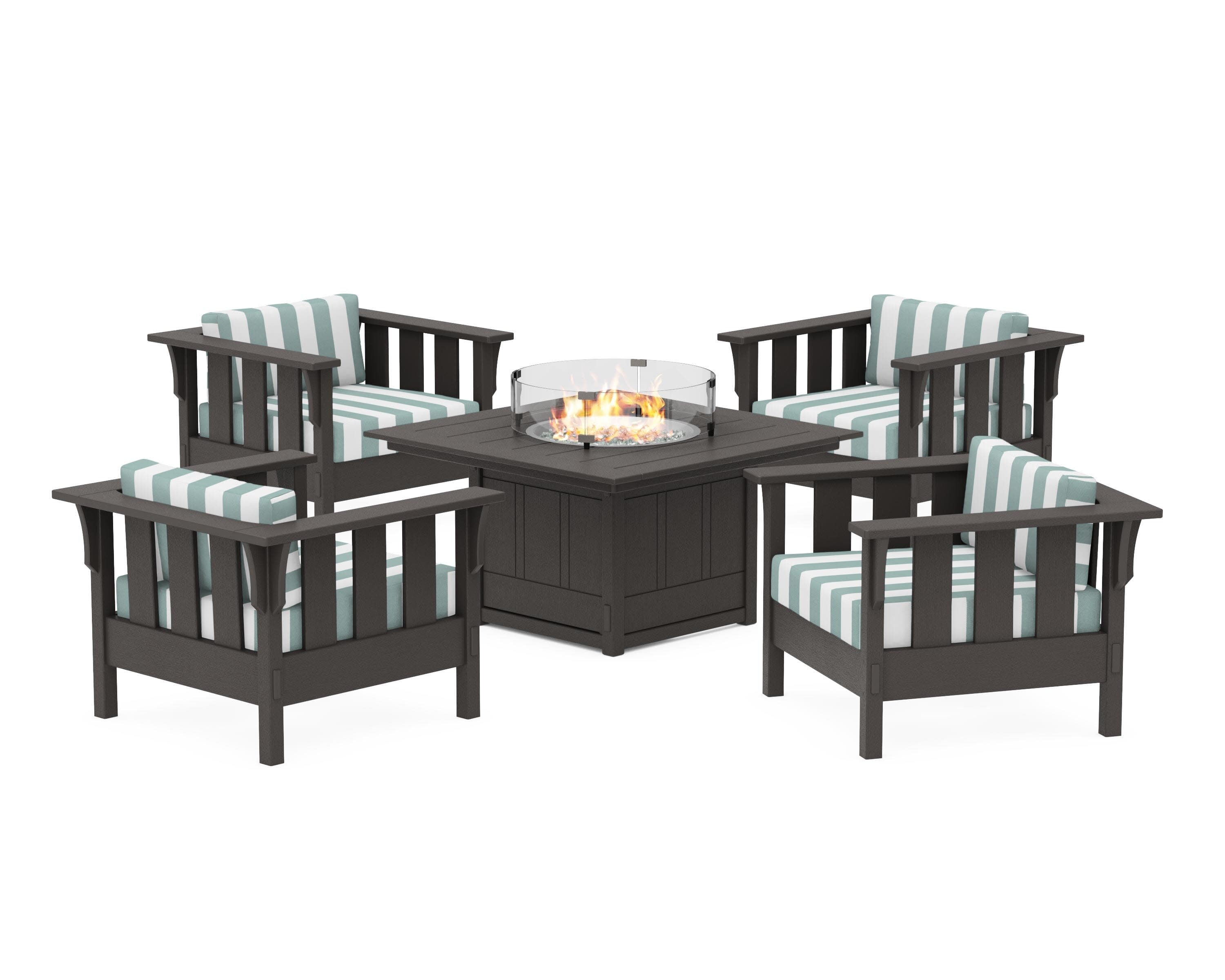 Acadia 5-Piece Deep Seating Set with Fire Pit Table in Vintage Coffee / Cabana Stripe Glacier Spa