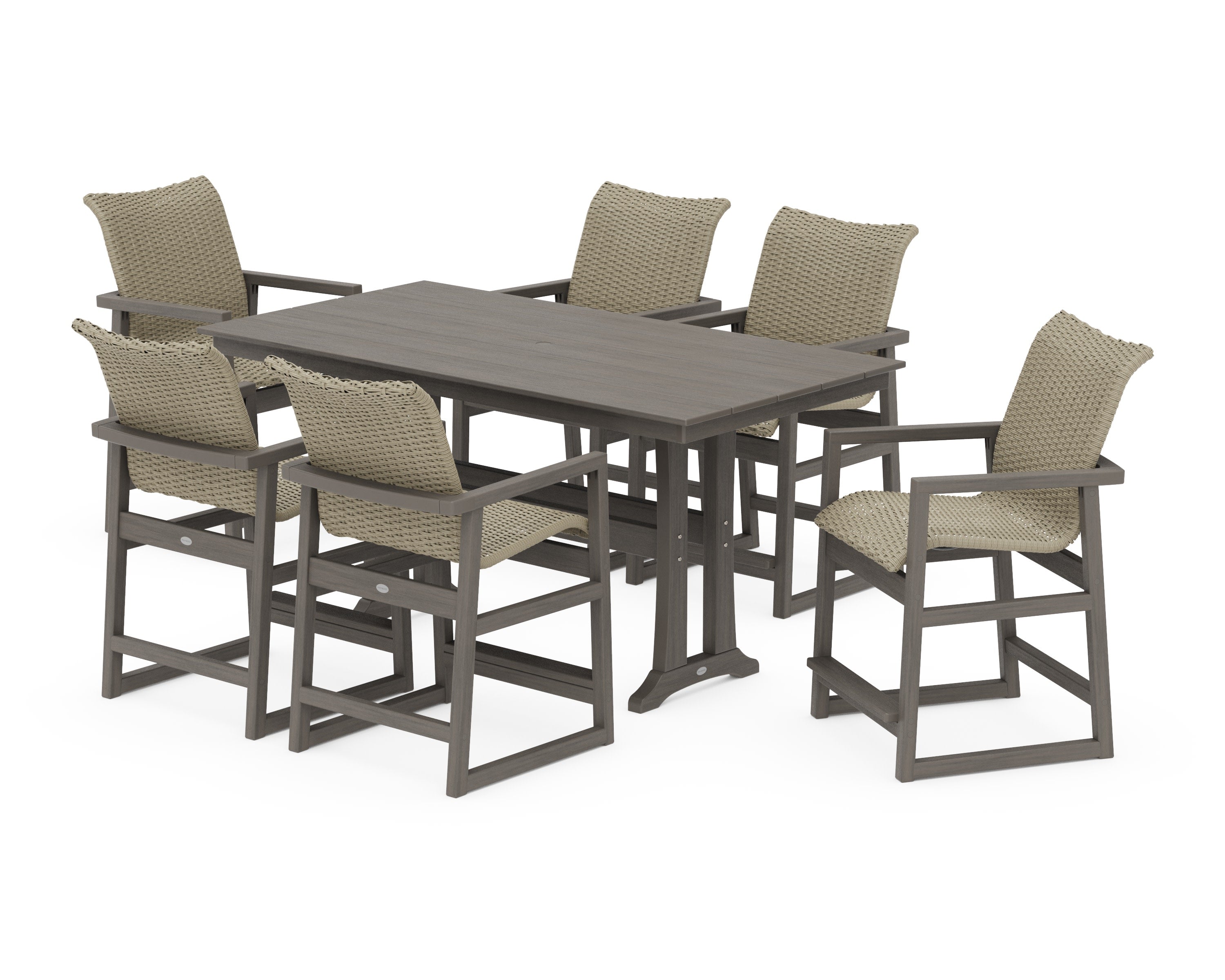 EDGE Woven Arm Chair 7-Piece Farmhouse Counter Set with Trestle Legs in Driftwood / Dune Grass