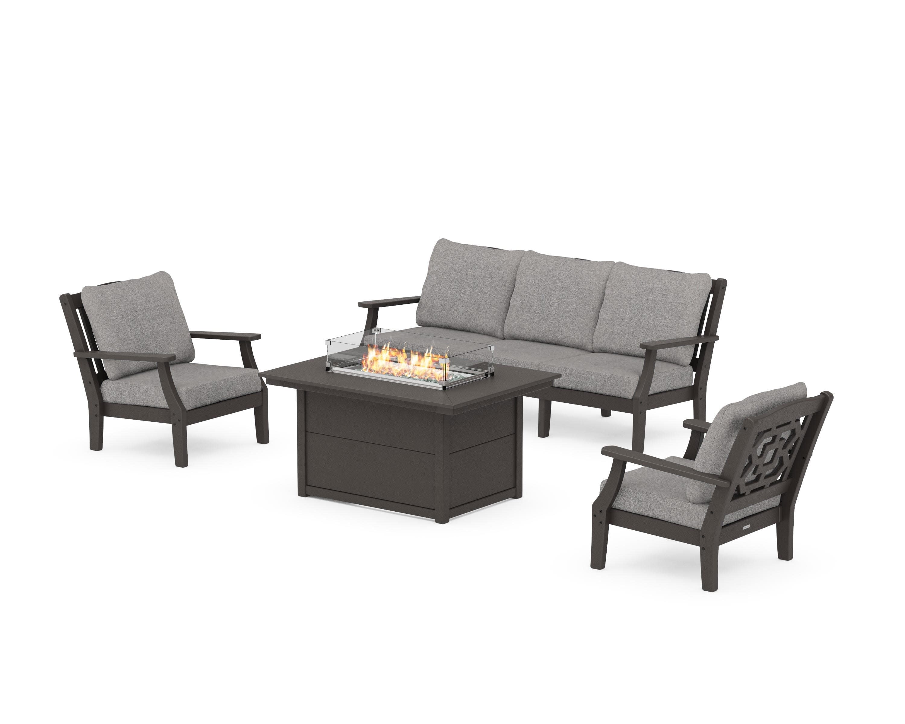 Chinoiserie Deep Seating Fire Pit Table Set in Vintage Coffee / Grey Mist