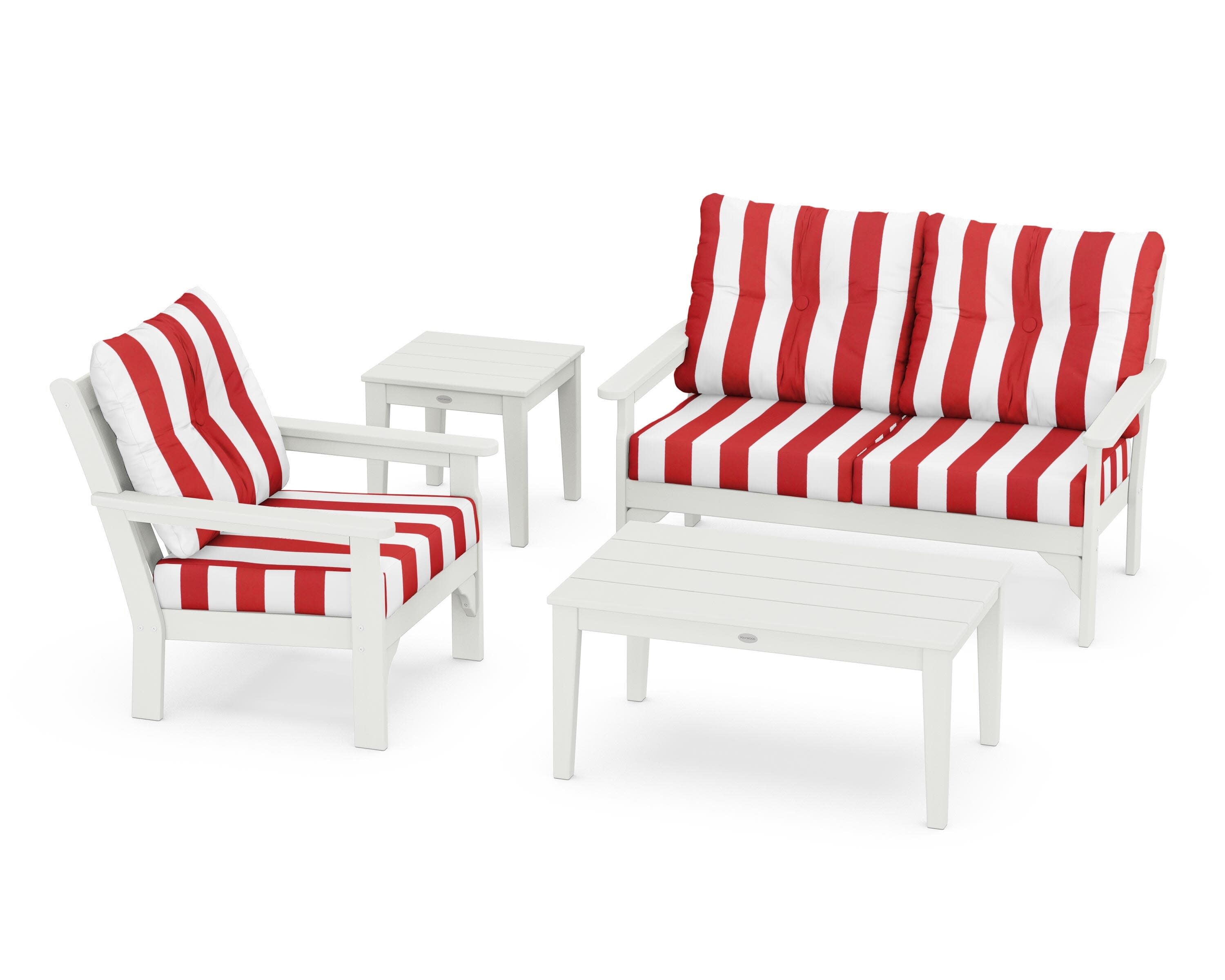 Vineyard 4-Piece Deep Seating Set in Vintage White / Cabana Stripe Crimson