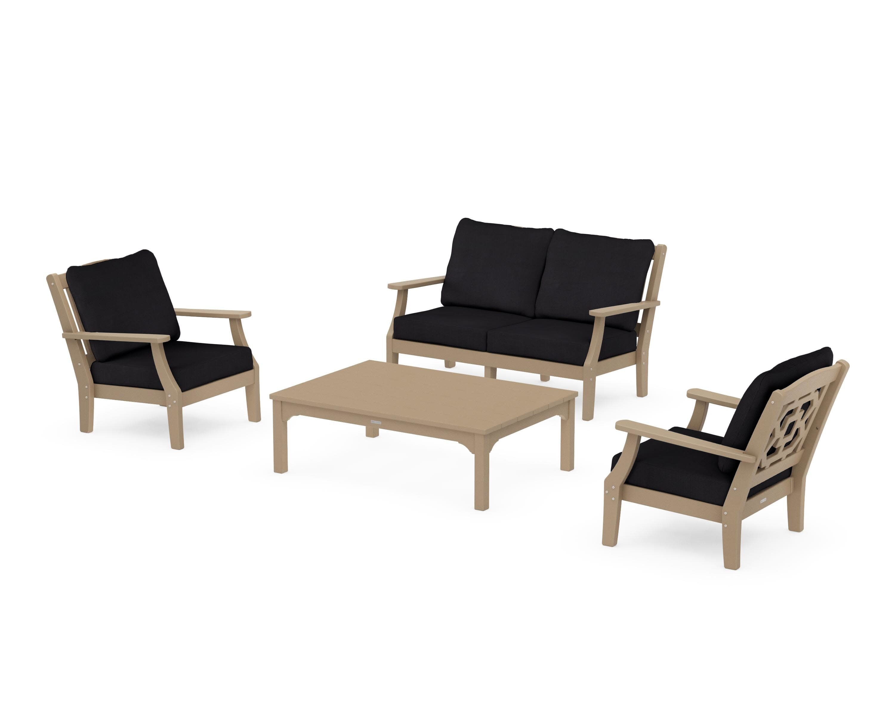 Chinoiserie 4-Piece Deep Seating Set with Loveseat in Vintage Sahara / Midnight Linen