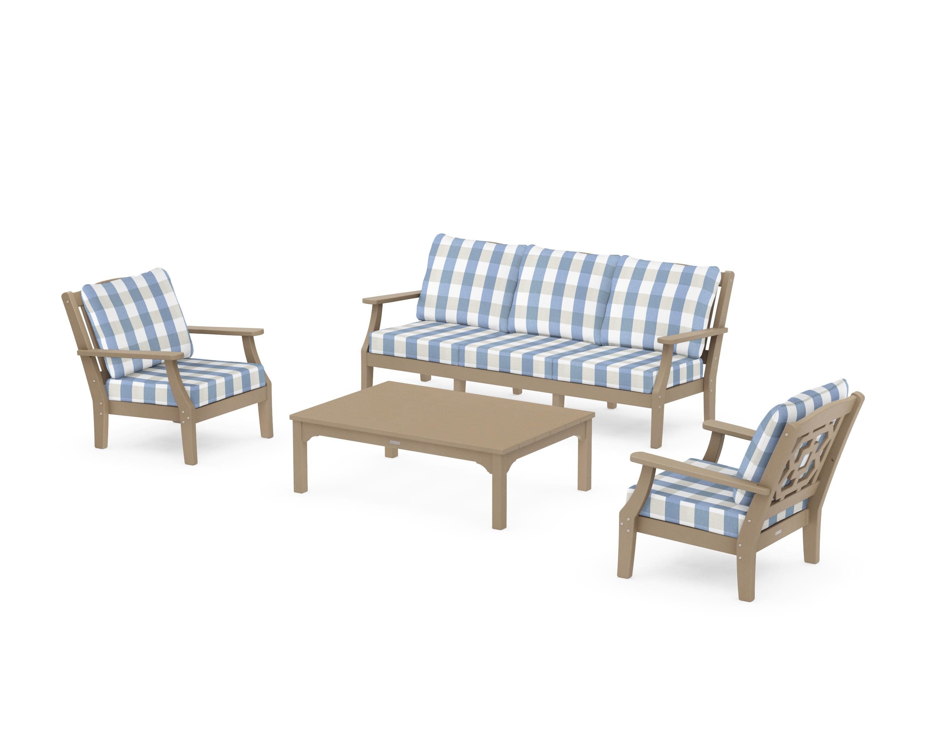 Chinoiserie 4-Piece Deep Seating Set with Sofa in Vintage Sahara / Buffalo Plaid Sky Blue