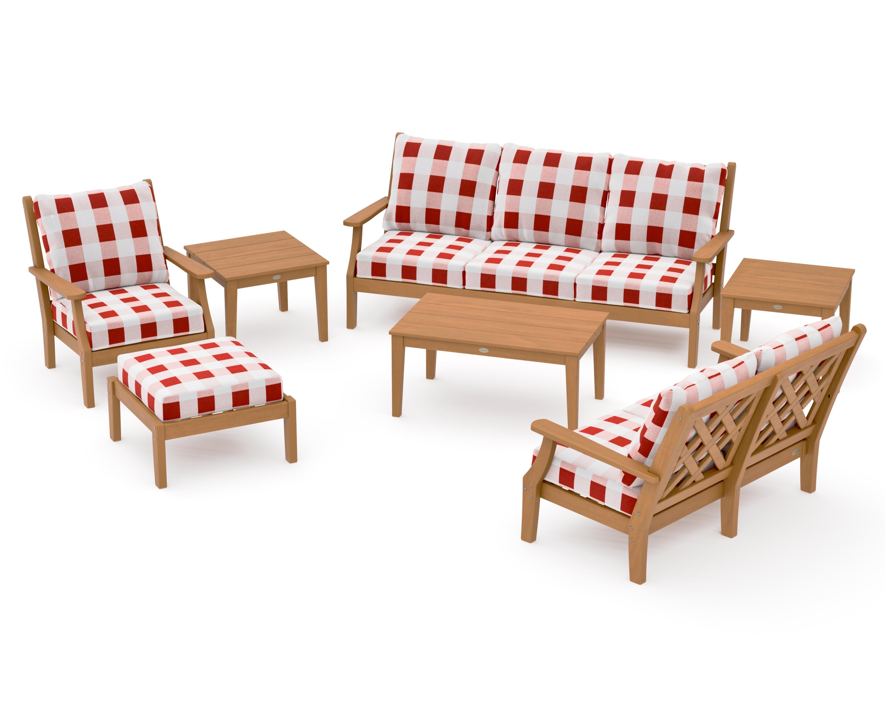Wovendale 7-Piece Deep Seating Set in Natural / Buffalo Plaid Crimson