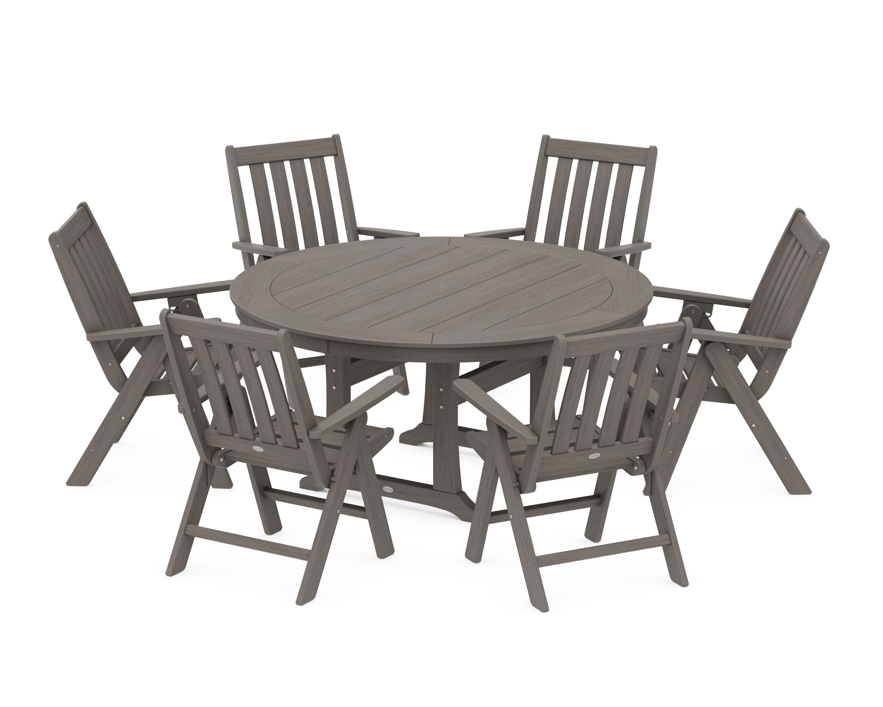 Vineyard Folding 7-Piece Side Chair Round Dining Set in Driftwood