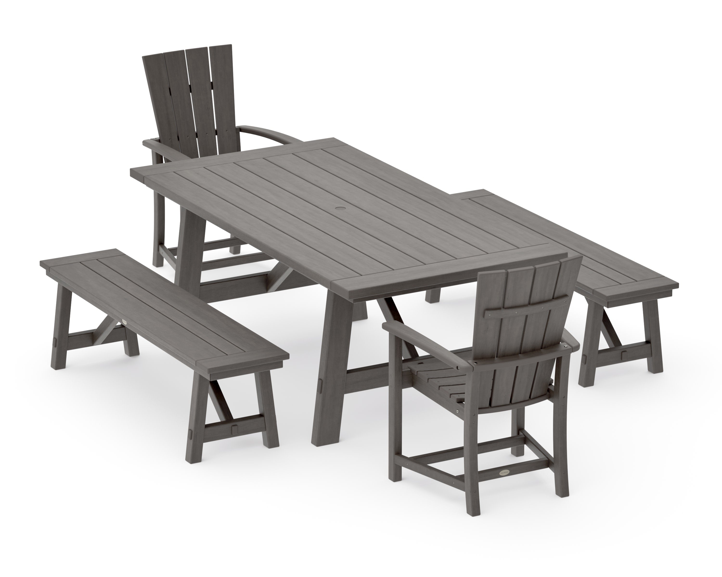 Quattro 5-Piece Rustic Farmhouse Dining Set With Benches in Driftwood