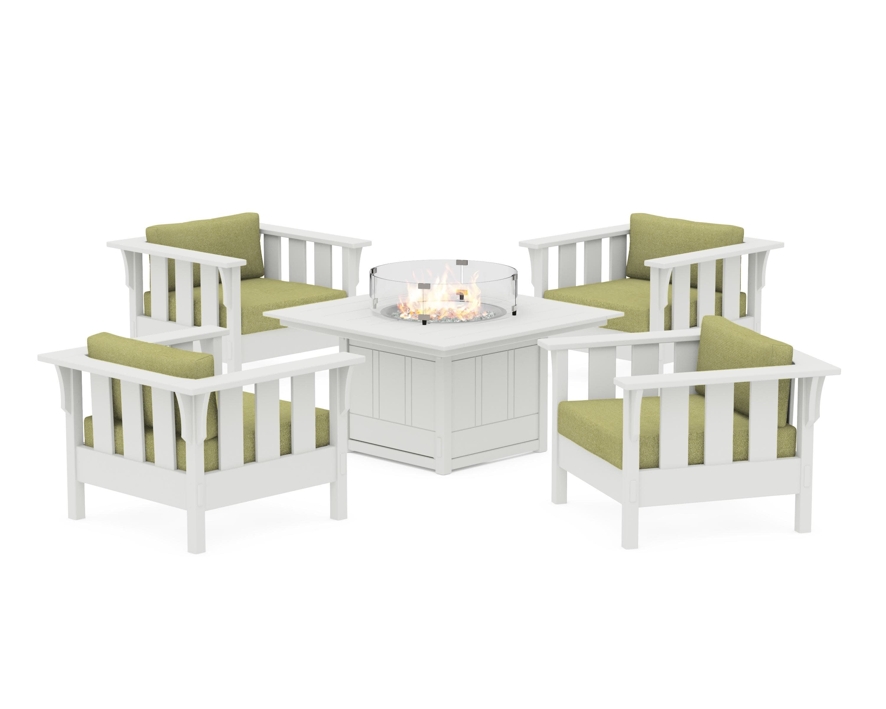 Acadia 5-Piece Deep Seating Set with Fire Pit Table in Vintage White / Chartreuse Boucle