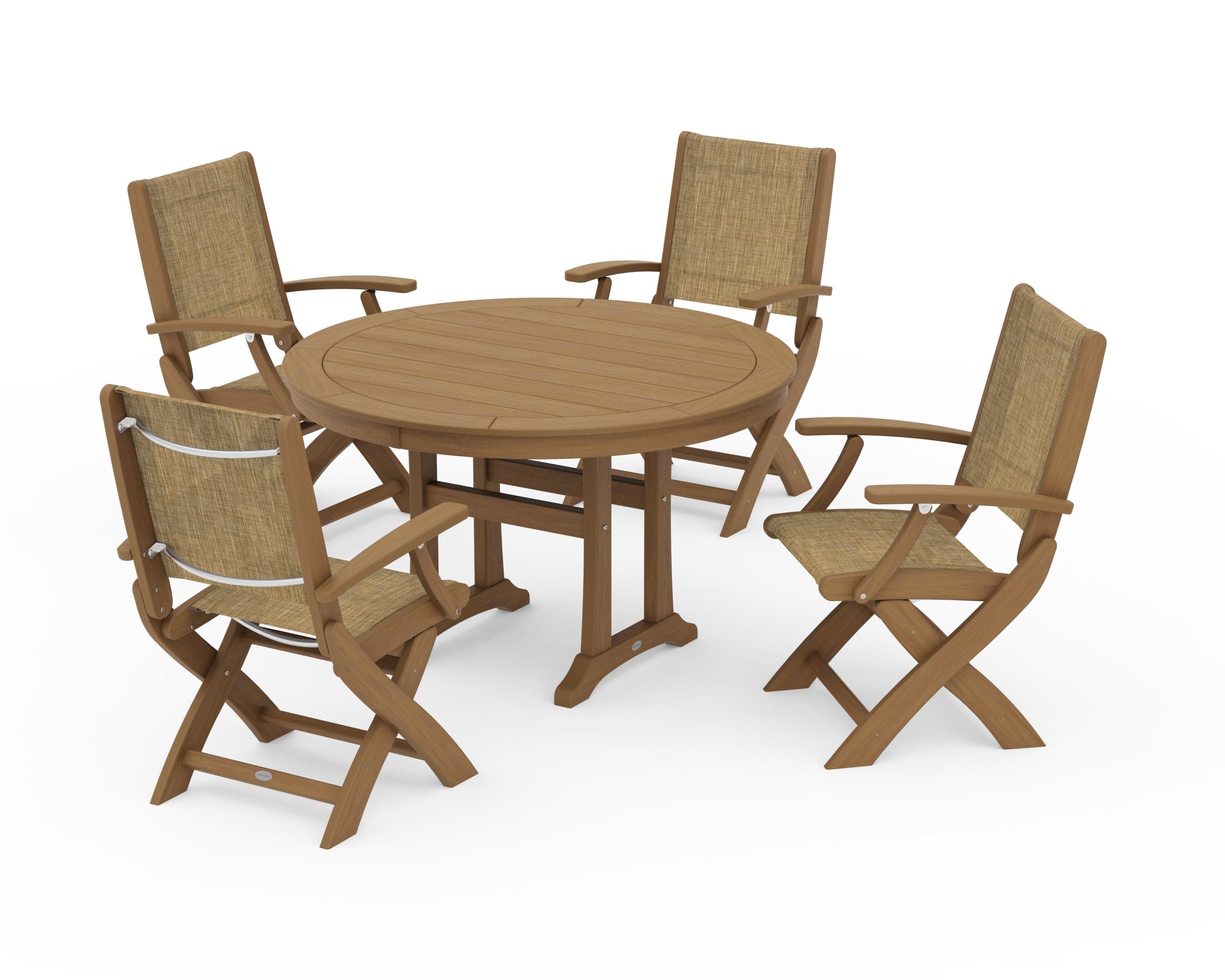 Coastal Folding Chair 5-Piece Round Dining Set with Trestle Legs in Natural / Burlap Sling