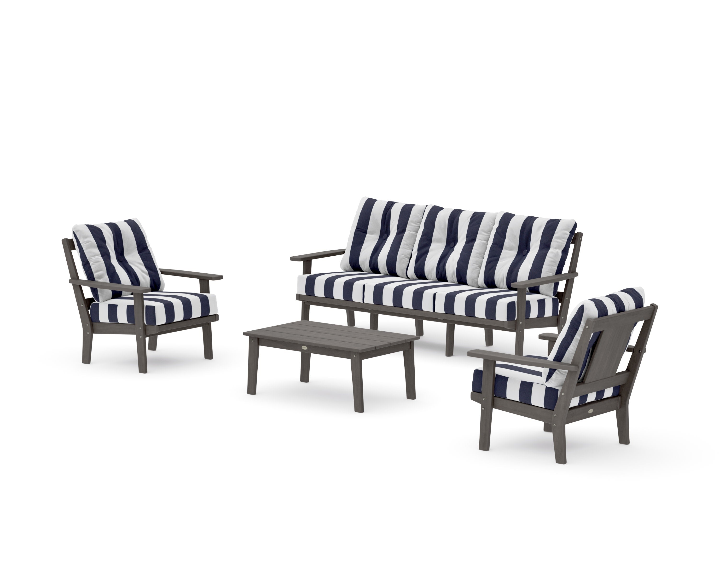 Prairie 4-Piece Deep Seating Set with Sofa in Driftwood / Cabana Stripe Navy