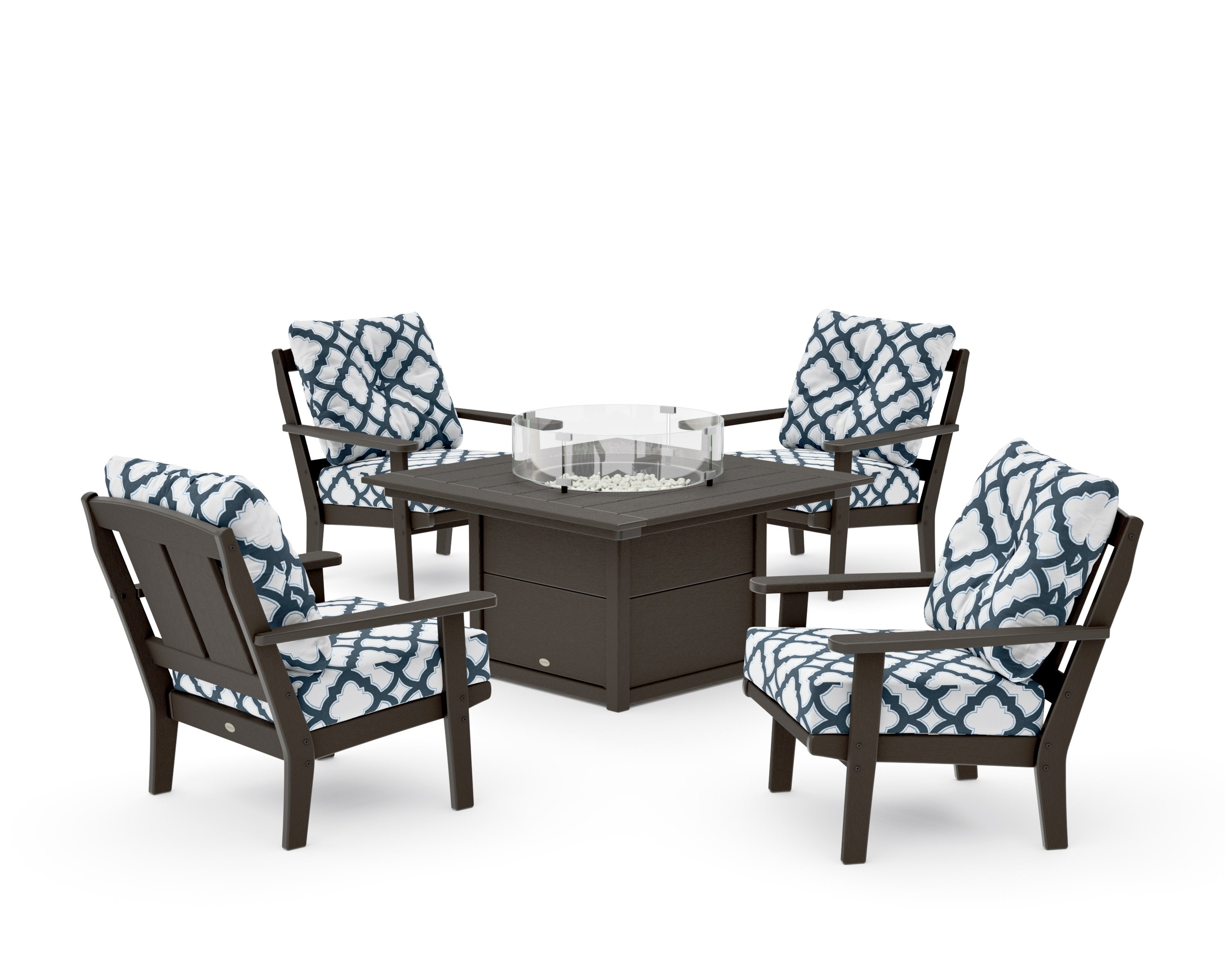 Mission 5-Piece Deep Seating Set with Fire Pit Table in Vintage Coffee / Trellis Marine Indigo