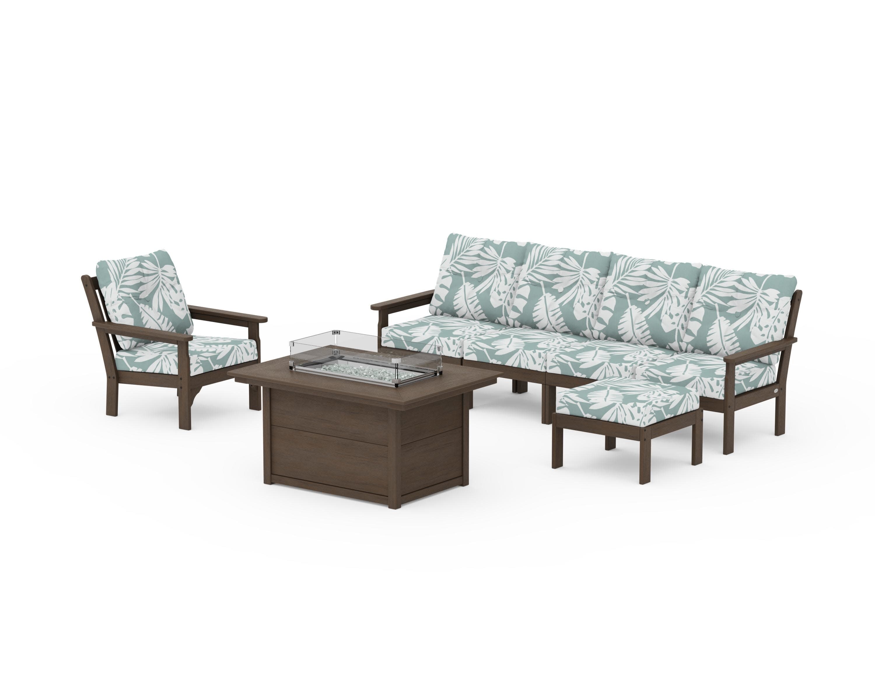 Vineyard Sectional Lounge and Fire Pit Set in Kona / Leaf Glacier Spa