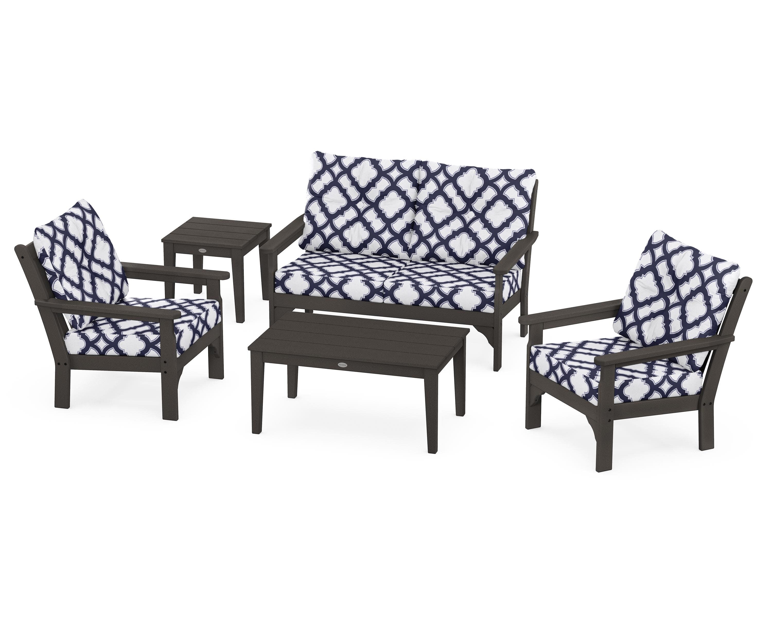 Vineyard 5-Piece Deep Seating Set in Vintage Coffee / Trellis Navy