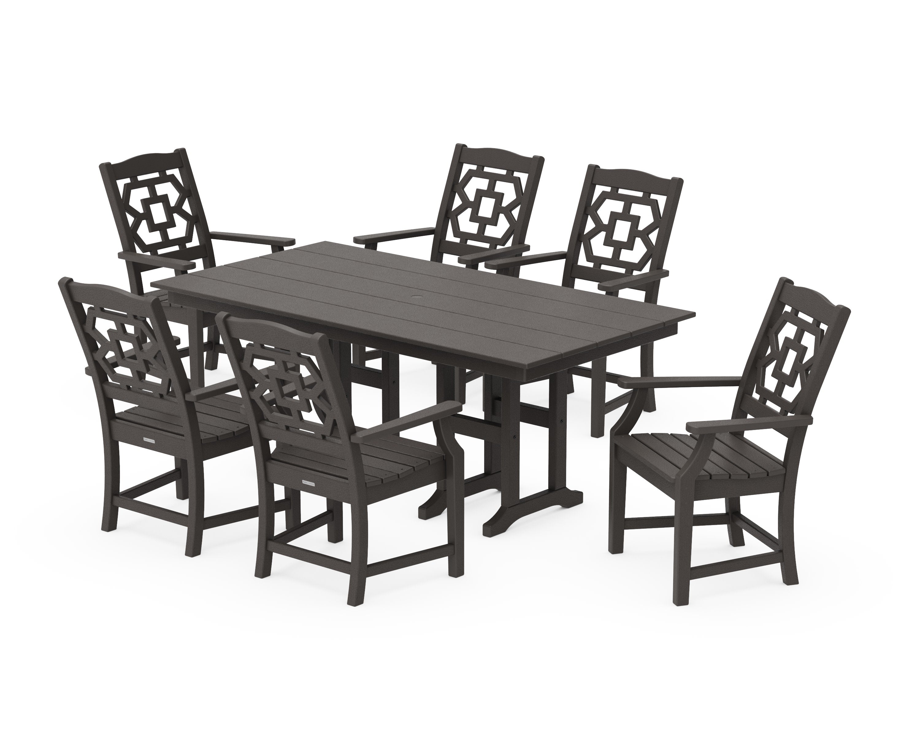 Chinoiserie Arm Chair 7-Piece Farmhouse Dining Set in Vintage Coffee
