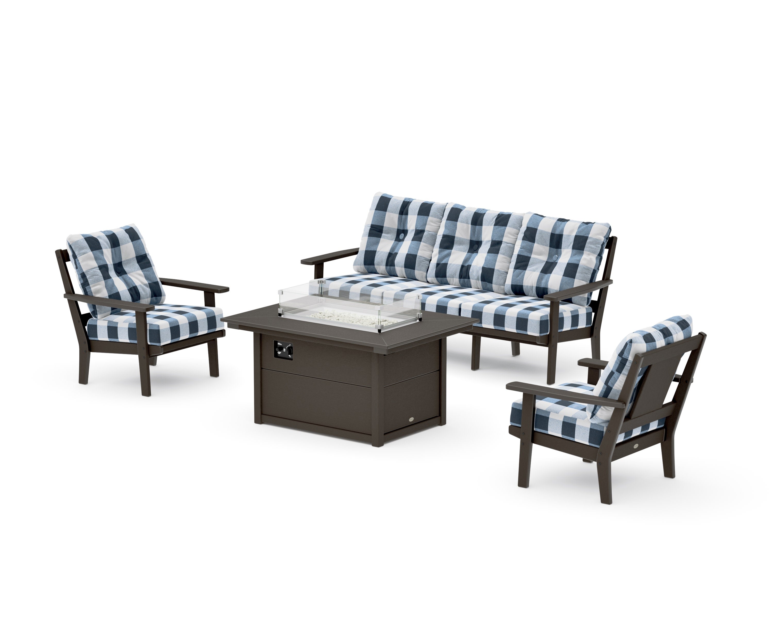 Prairie Deep Seating Fire Pit Table Set in Vintage Coffee / Buffalo Plaid Marine Indigo