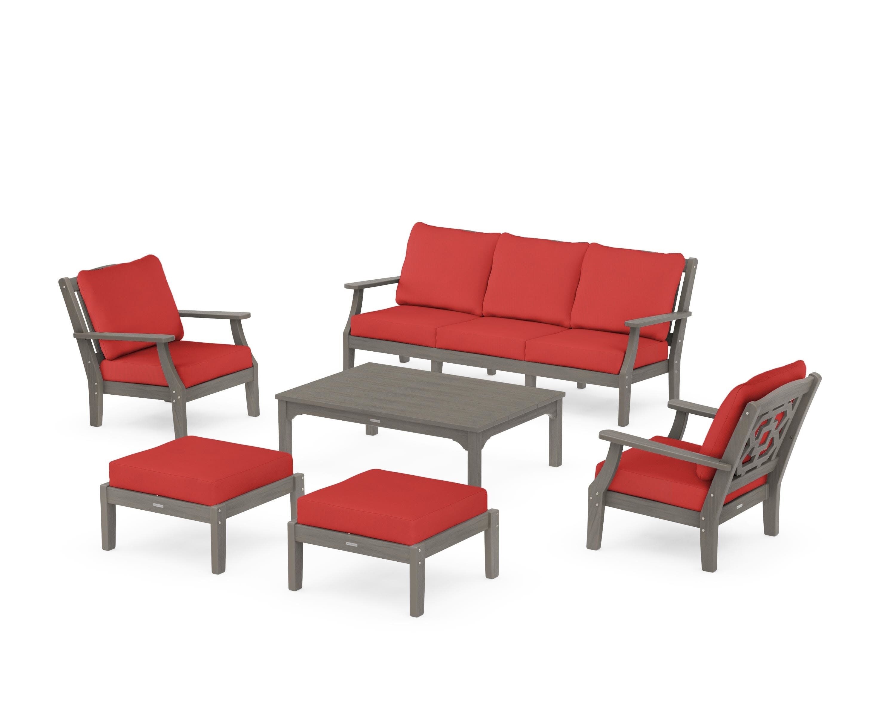 Chinoiserie 6-Piece Lounge Sofa Set in Driftwood / Crimson Linen