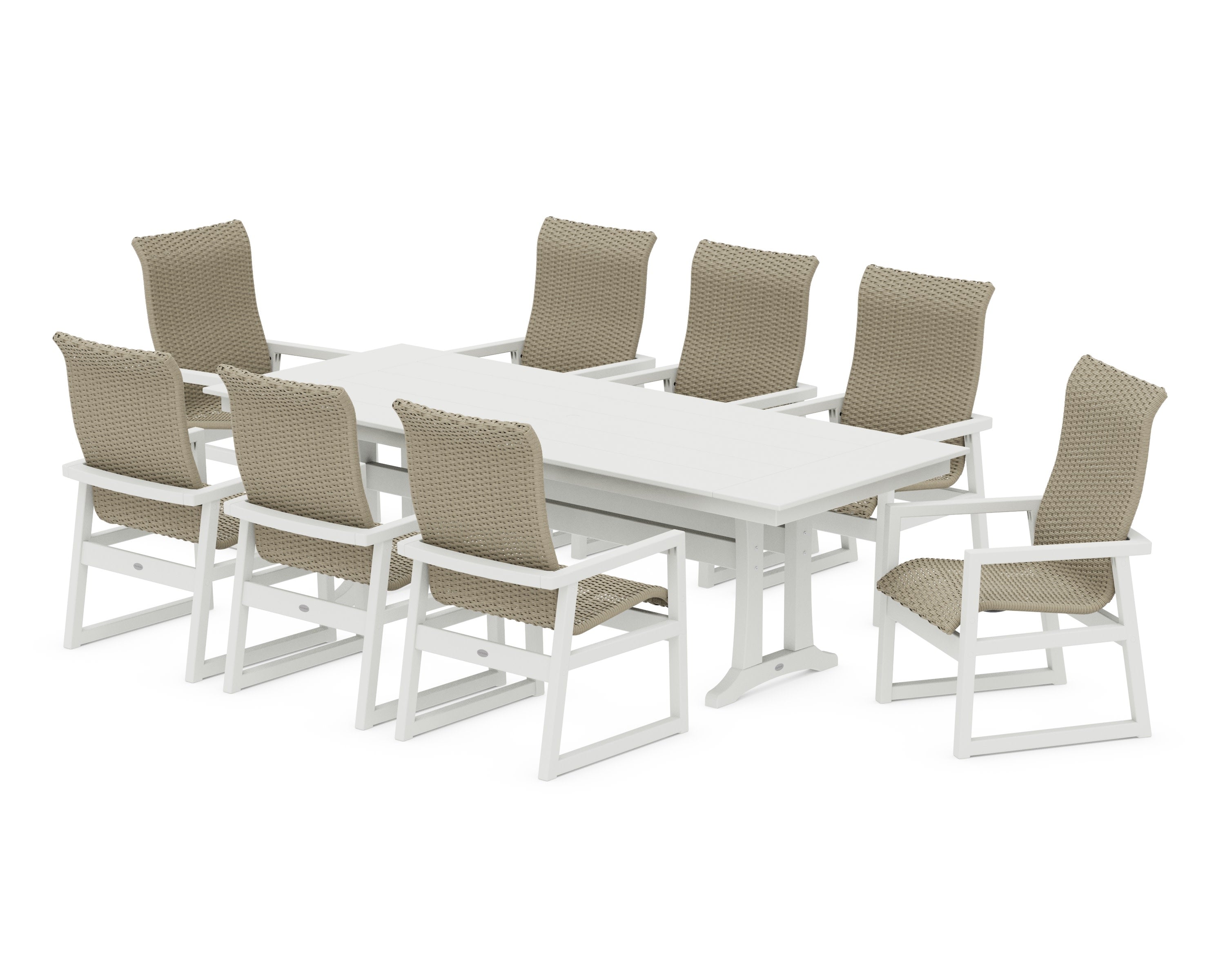 EDGE Woven Highback 9-Piece Farmhouse Dining Set with Trestle Legs in Vintage White / Dune Grass