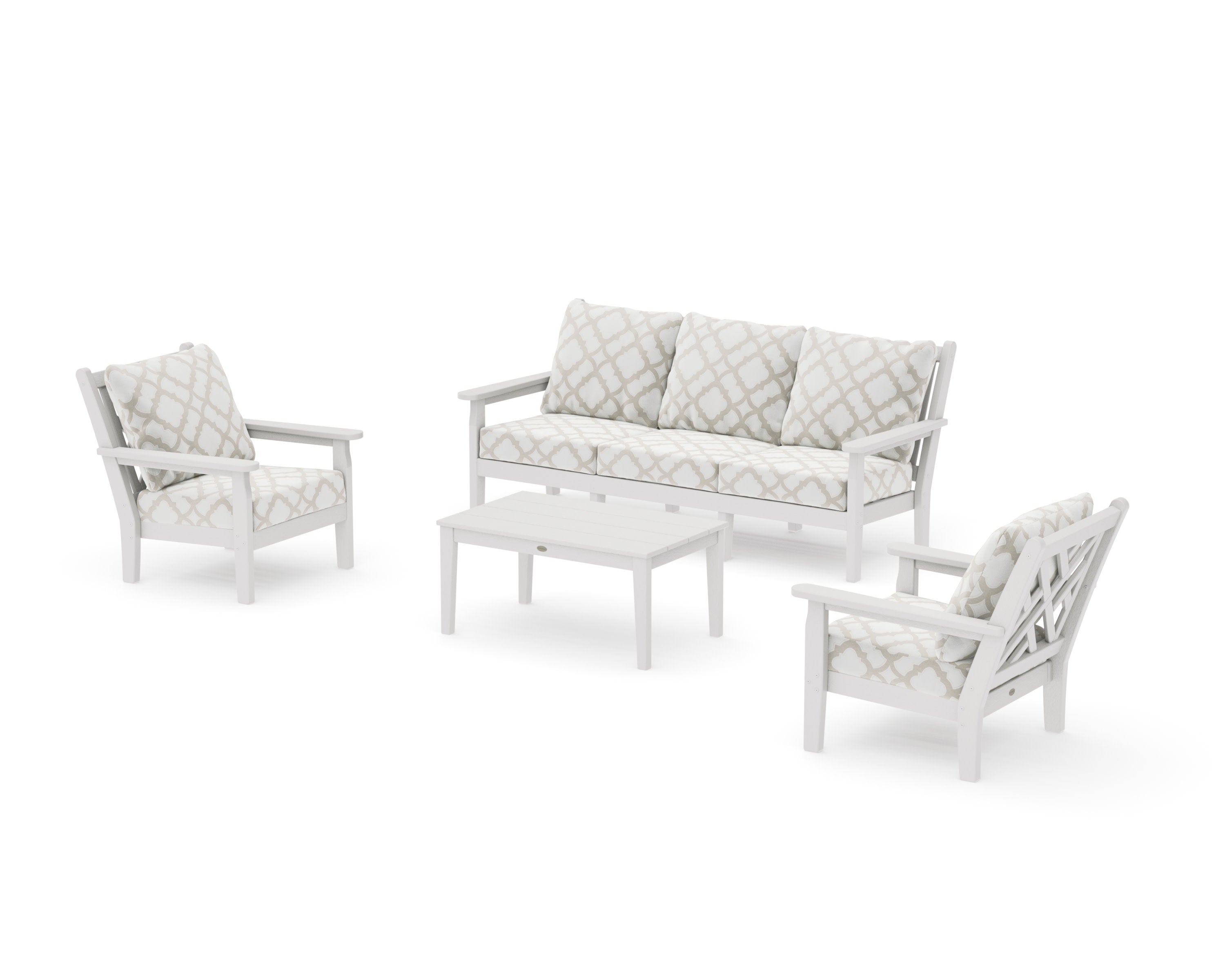 Chippendale 4-Piece Deep Seating Set with Sofa in Vintage White / Trellis Dune Burlap