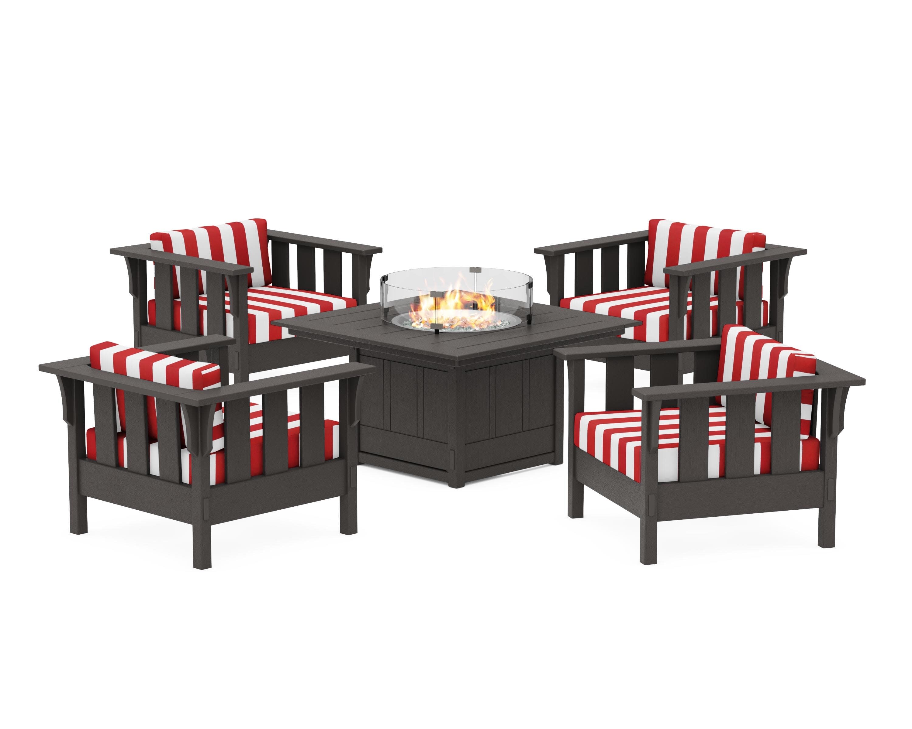 Acadia 5-Piece Deep Seating Set with Fire Pit Table in Vintage Coffee / Cabana Stripe Crimson
