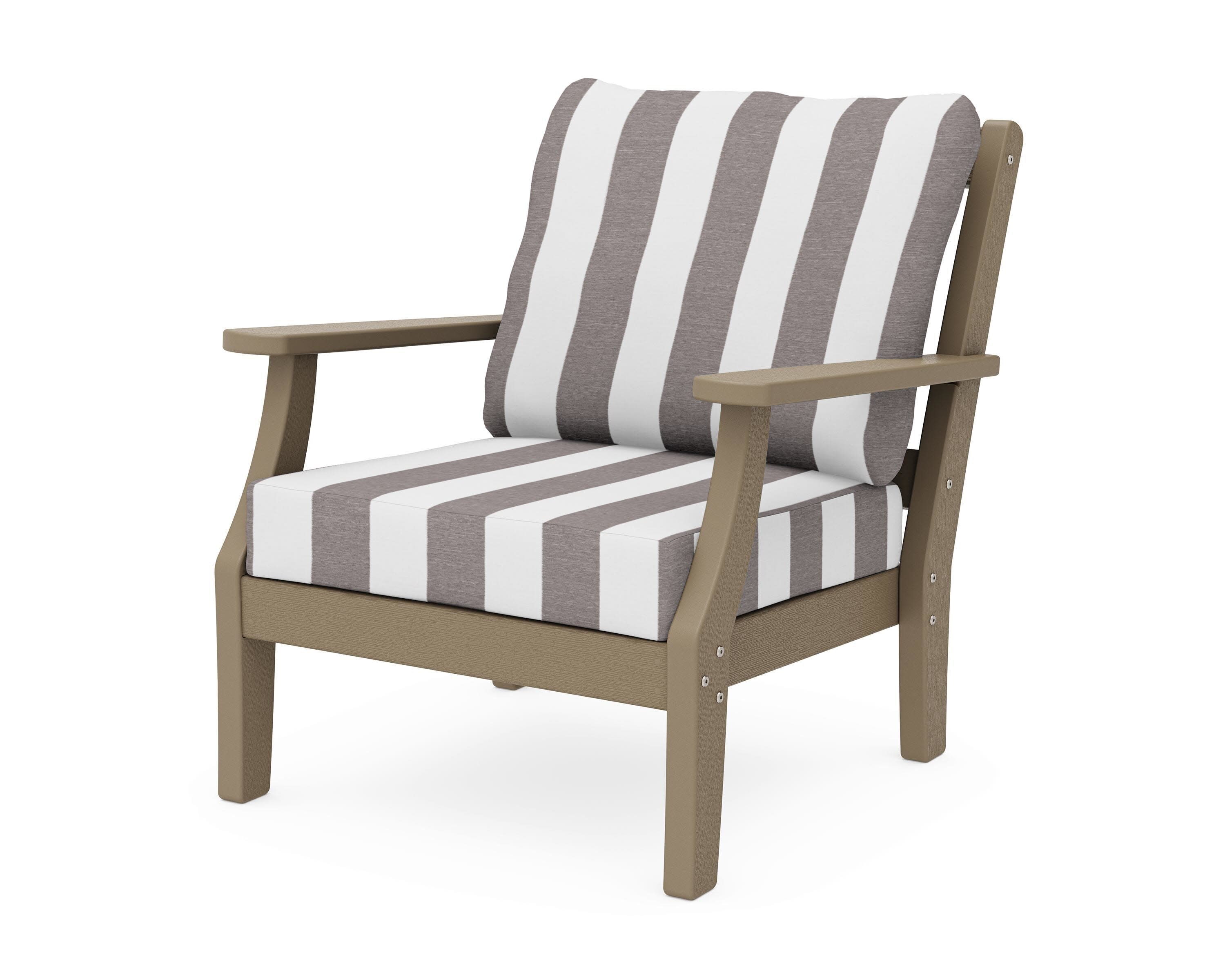 Chinoiserie Deep Seating Chair in Vintage Sahara / Cabana Stripe Grey Mist