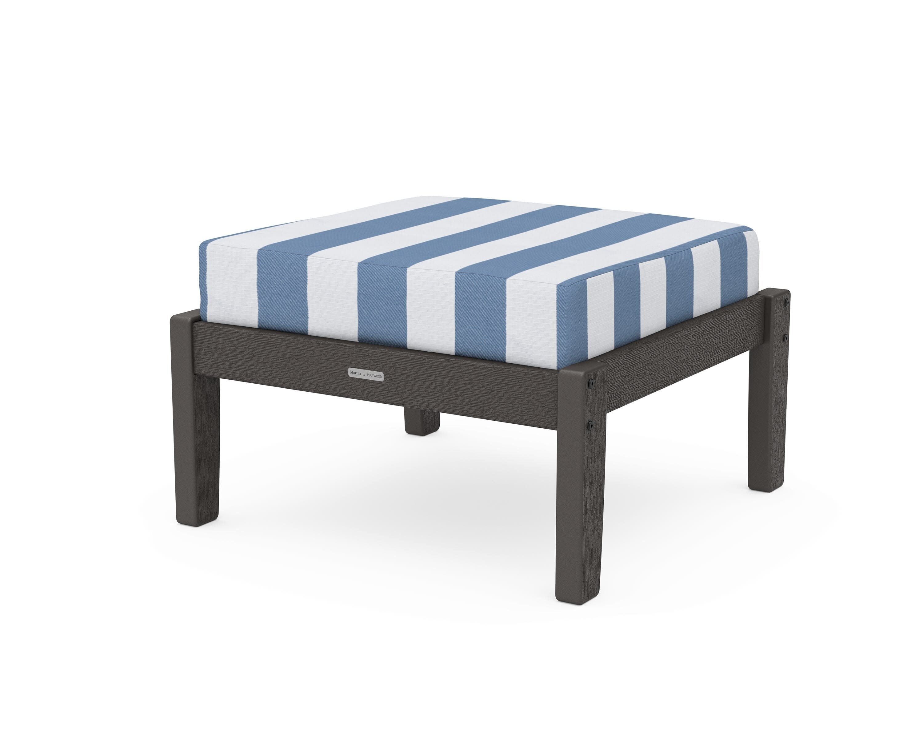 Chinoiserie Deep Seating Ottoman in Vintage Coffee / Cabana Stripe Sky Blue