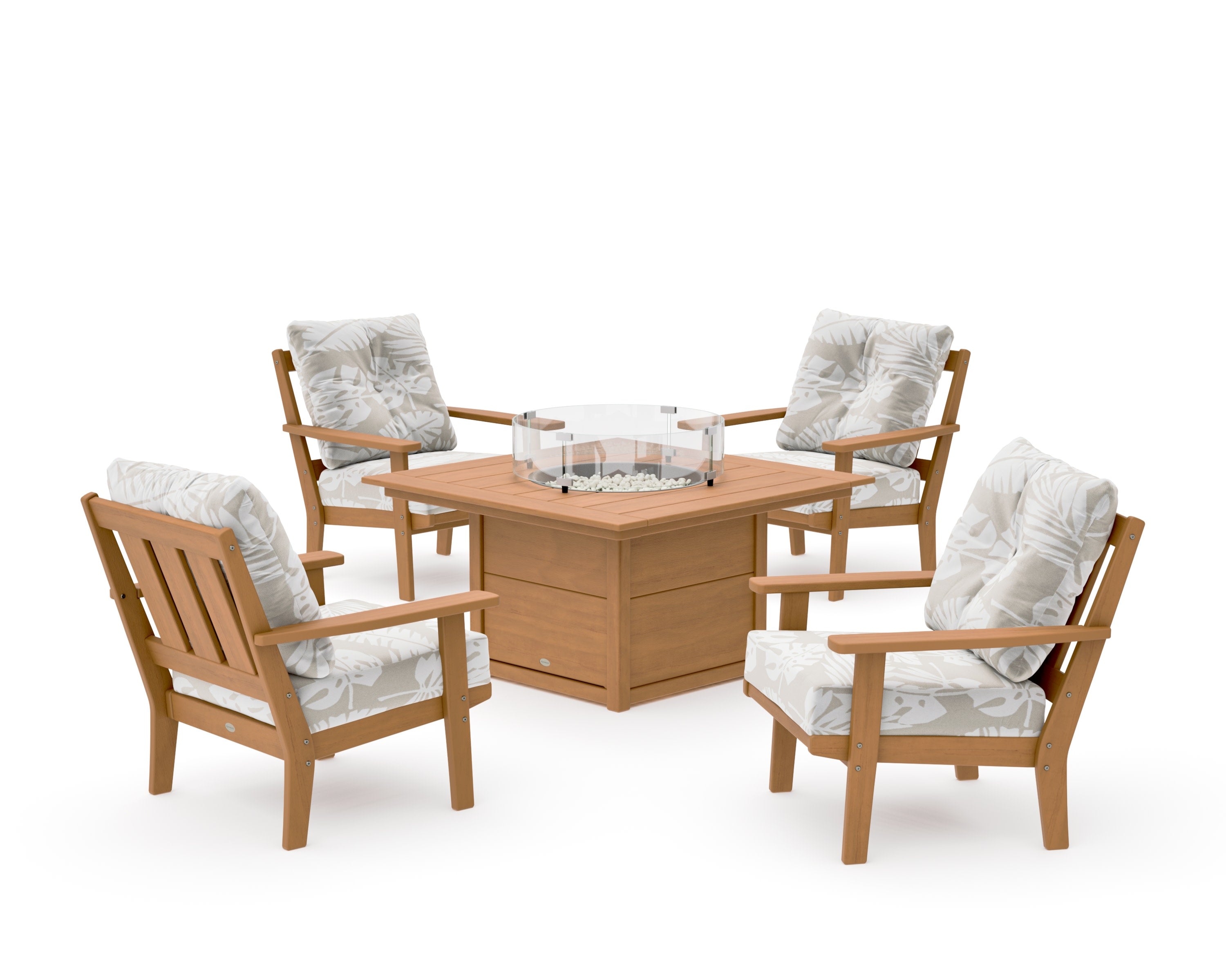 Oxford 5-Piece Deep Seating Set with Fire Pit Table in Natural / Leaf Dune Burlap
