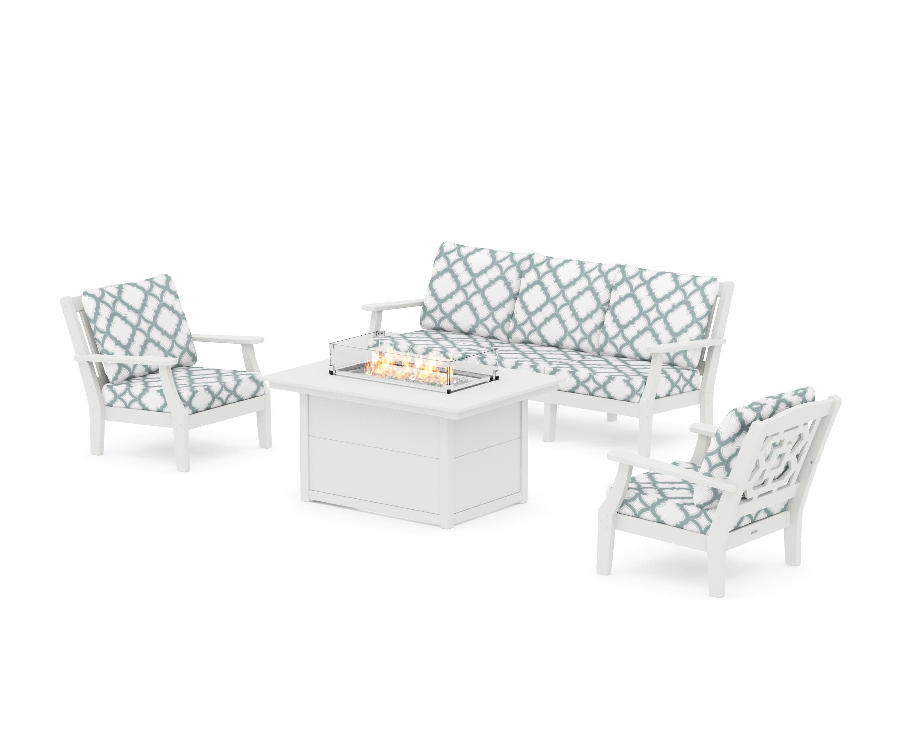 Chinoiserie Deep Seating Fire Pit Table Set in Vintage White / Trellis Glacier Spa