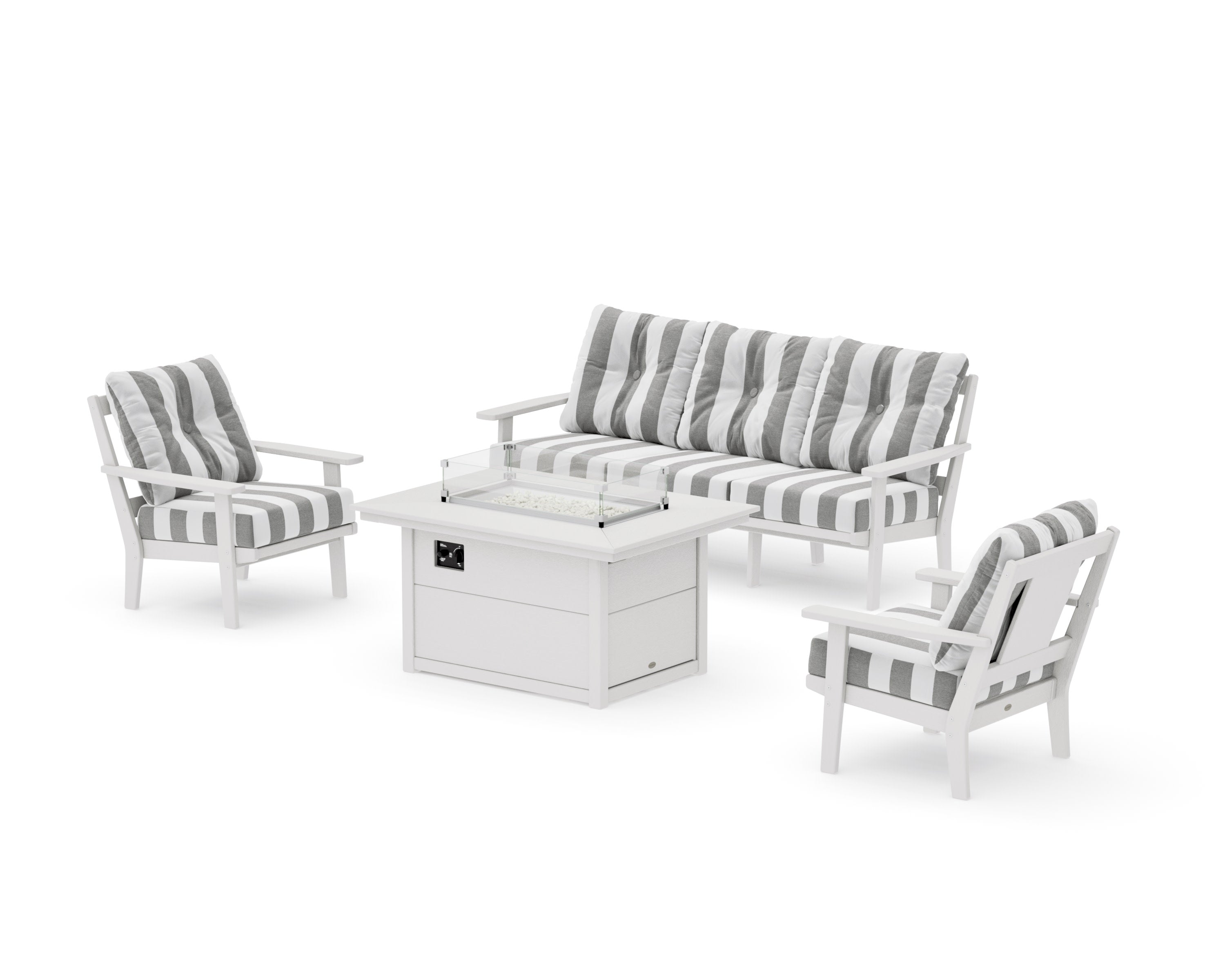 Prairie Deep Seating Fire Pit Table Set in Vintage White / Cabana Stripe Grey Mist