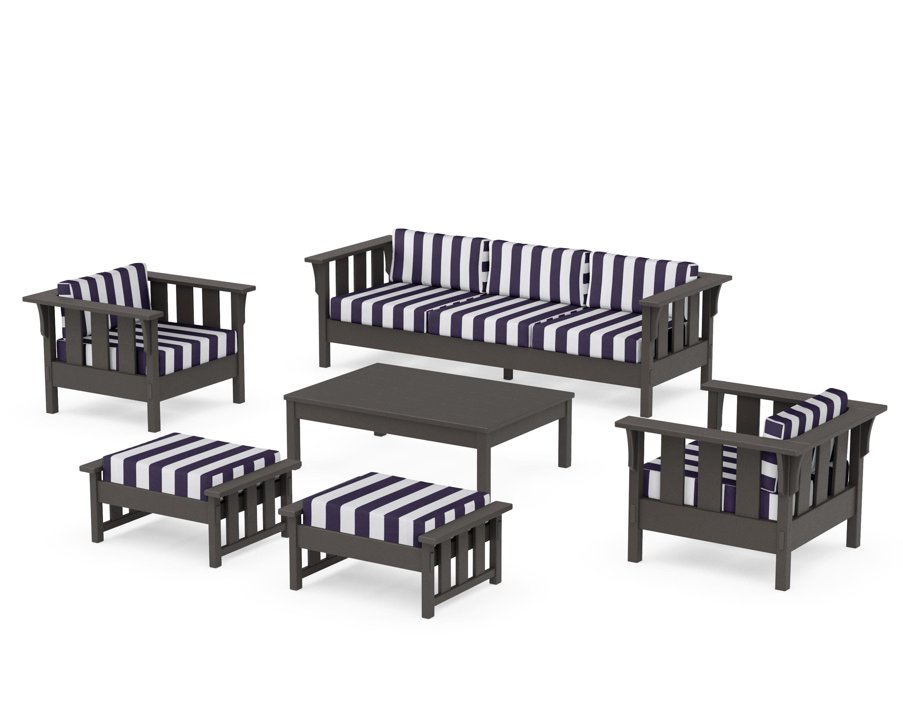 Acadia 6-Piece Lounge Sofa Set in Vintage Coffee / Cabana Stripe Navy