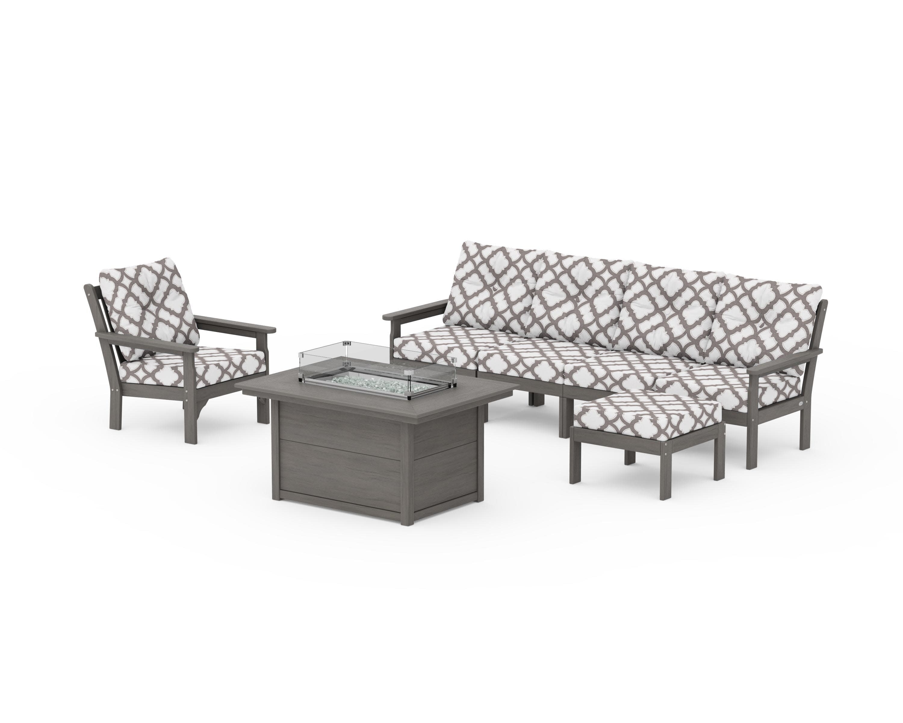 Vineyard Sectional Lounge and Fire Pit Set in Driftwood / Trellis Grey Mist