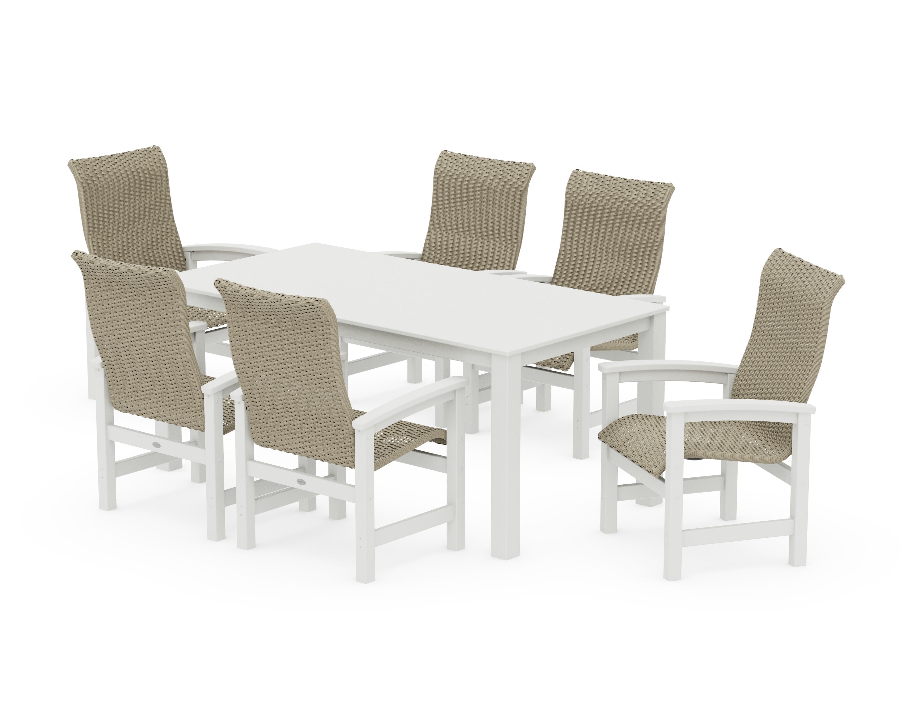 Coastal Woven High-Back Arm Chair 7-Piece Parsons Dining Set in White / Dune Grass
