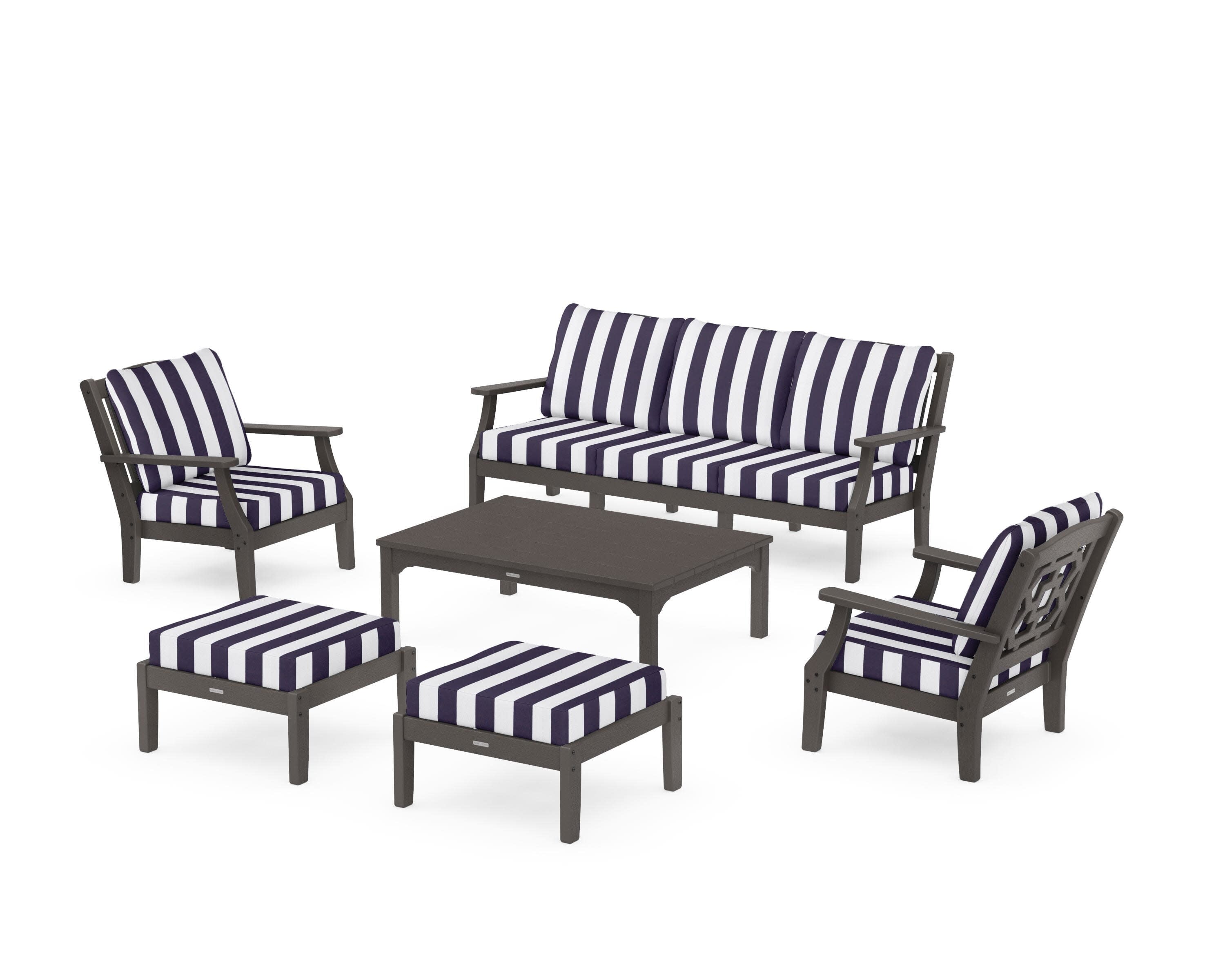 Chinoiserie 6-Piece Lounge Sofa Set in Vintage Coffee / Cabana Stripe Navy