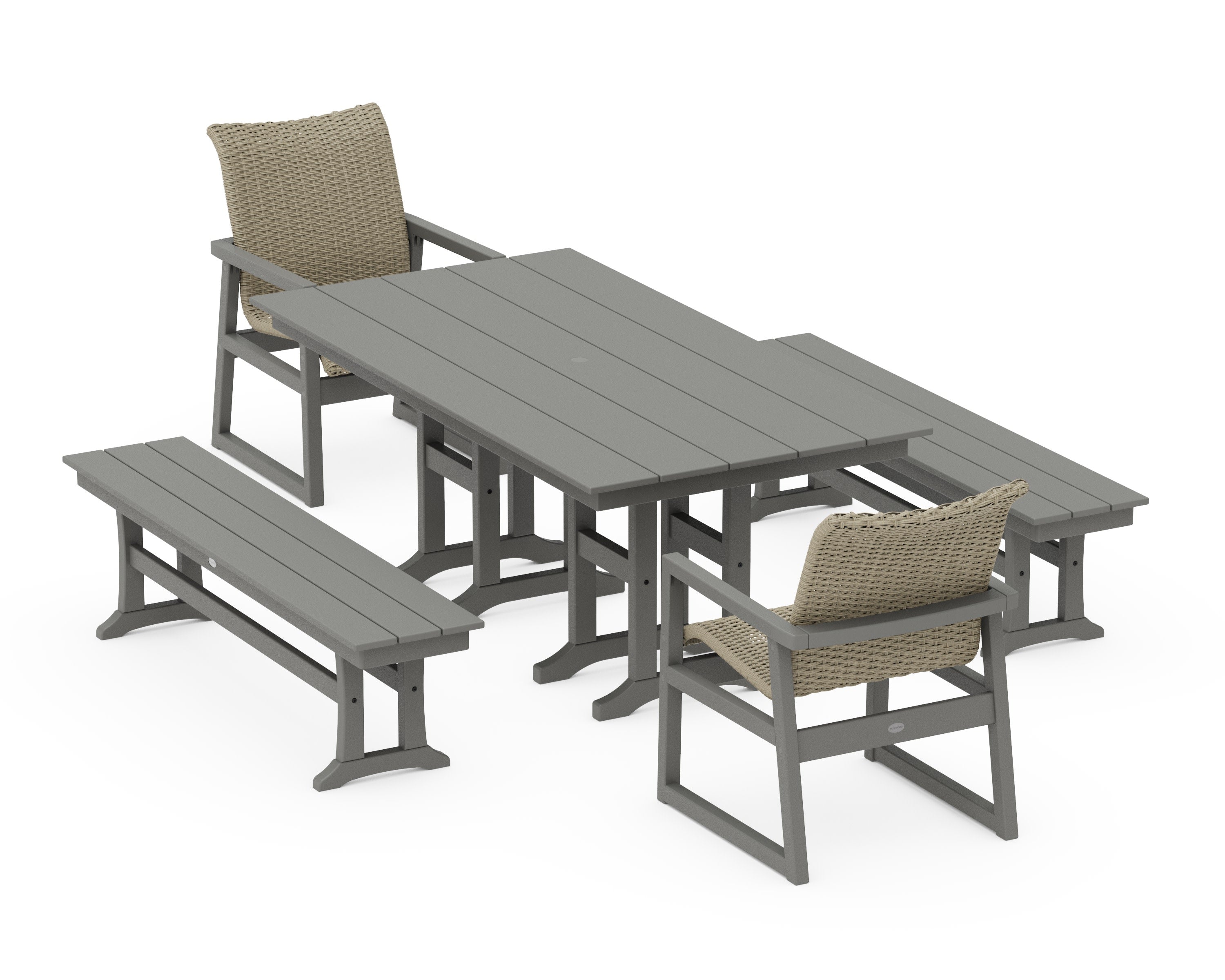 EDGE Woven 5-Piece Farmhouse Dining Set with Benches in Slate Grey / Dune Grass