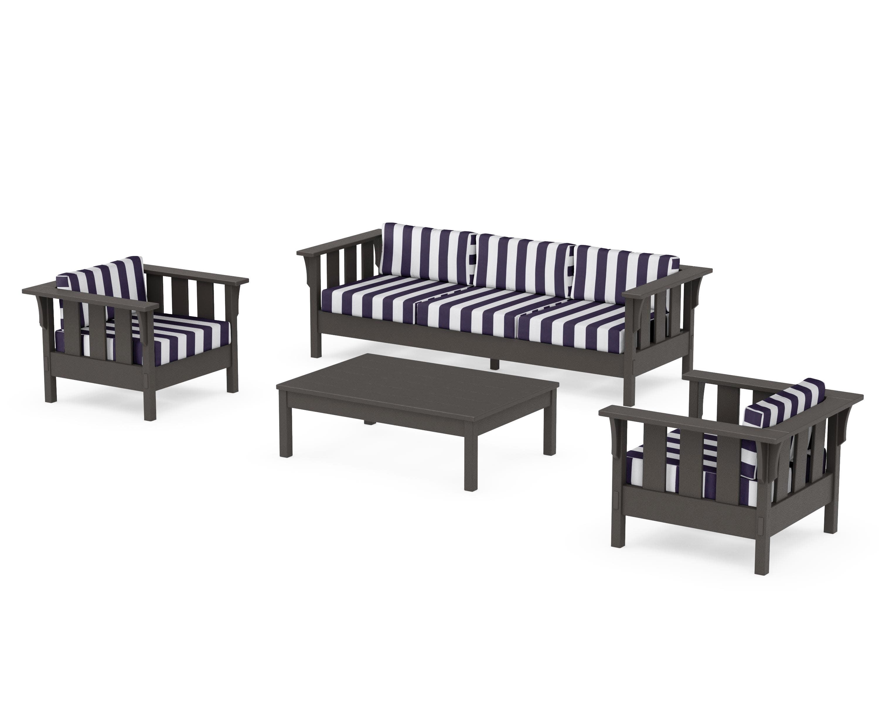 Acadia 4-Piece Deep Seating Set with Sofa in Vintage Coffee / Cabana Stripe Navy