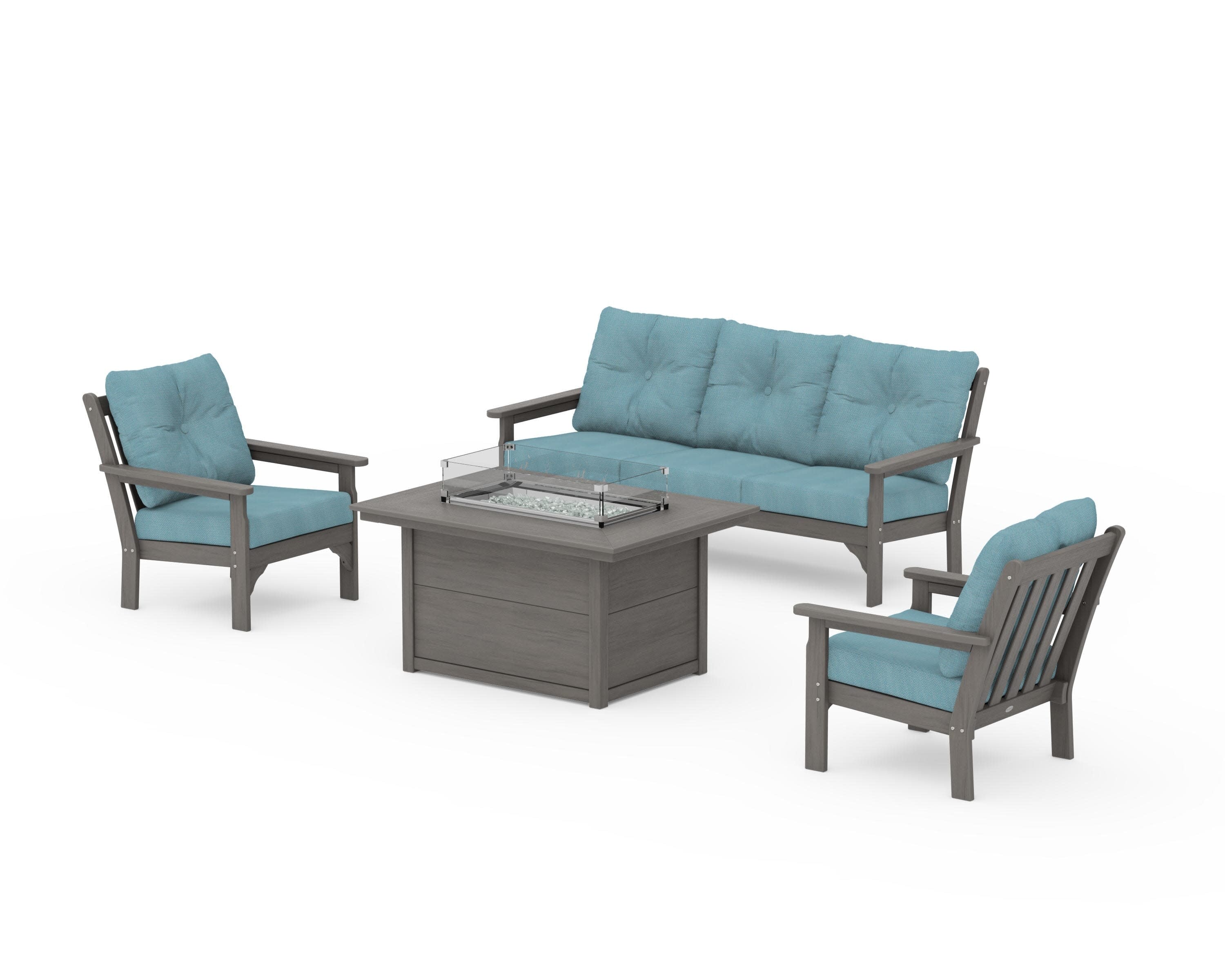 Vineyard Deep Seating Fire Pit Table Set in Driftwood / Lattice Sky Blue