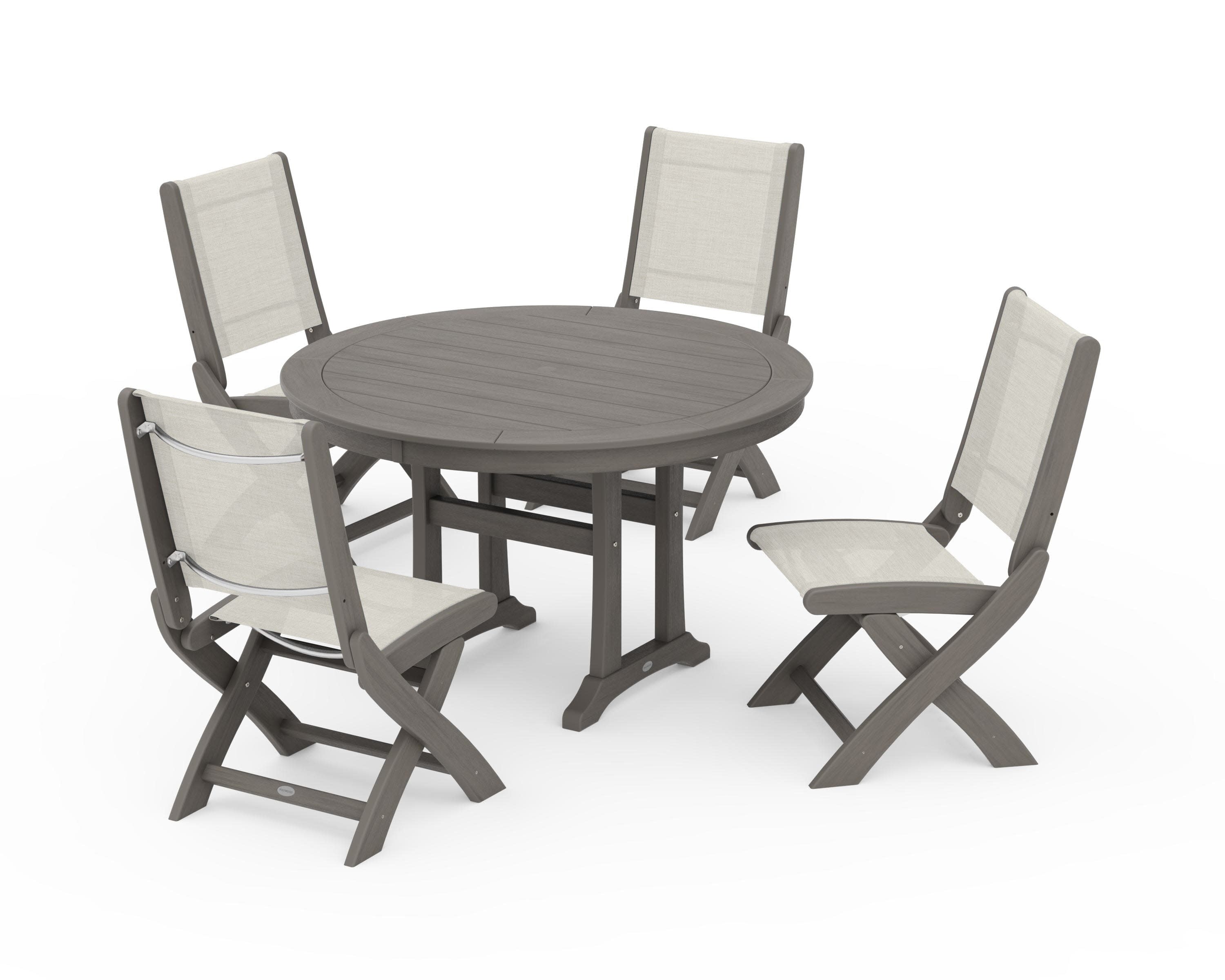 Coastal Folding Side Chair 5-Piece Round Dining Set With Trestle Legs in Driftwood / Parchment Sling