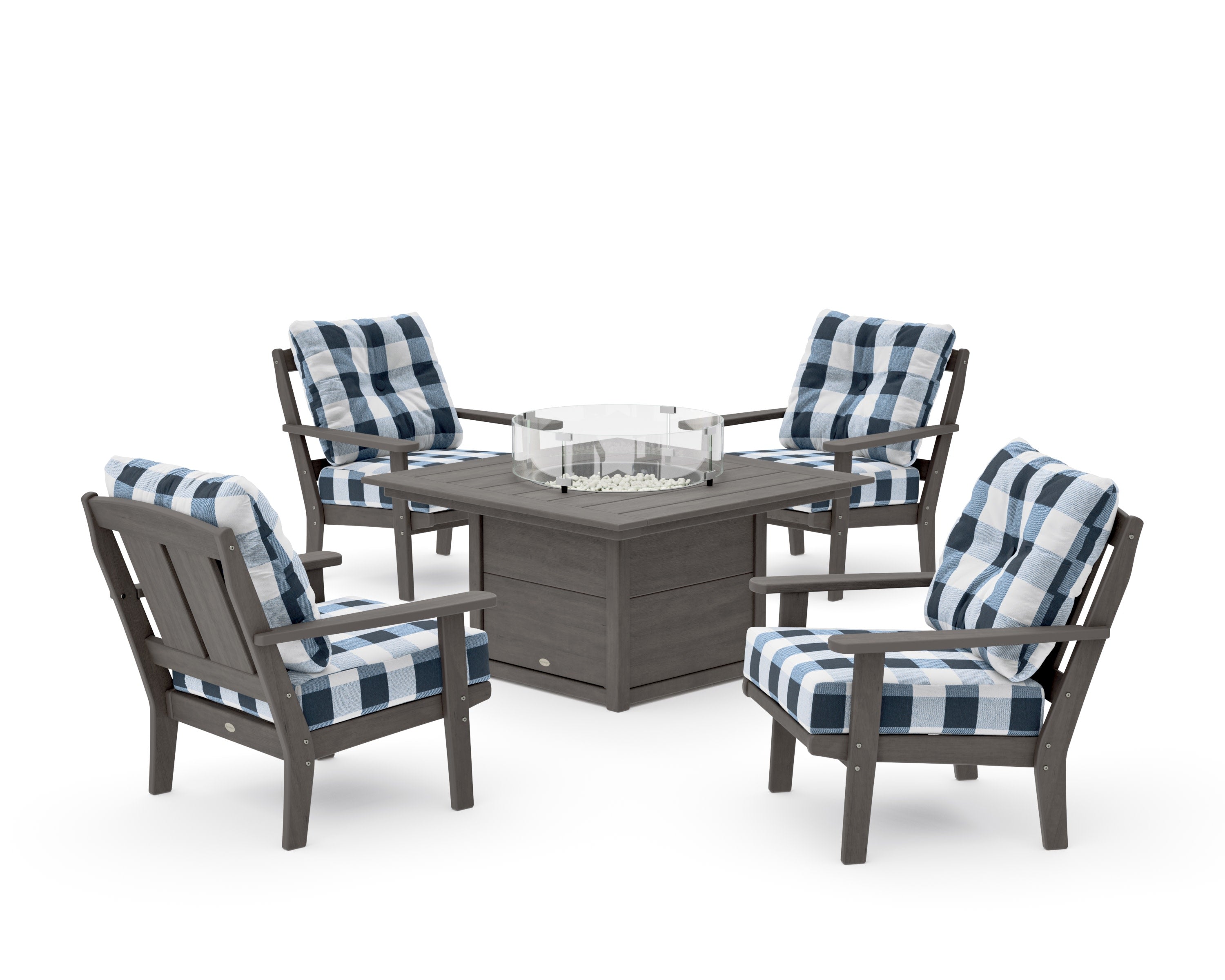 Mission 5-Piece Deep Seating Set with Fire Pit Table in Driftwood / Buffalo Plaid Marine Indigo