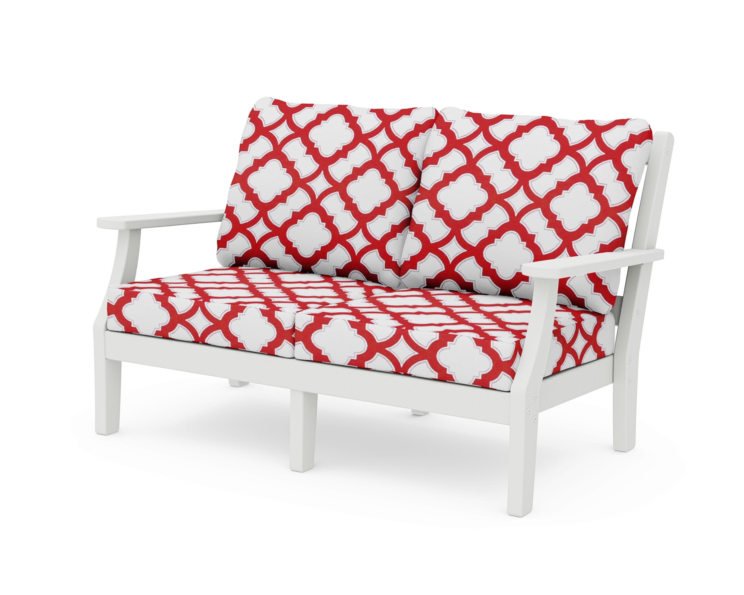 Chinoiserie Deep Seating Loveseat in Vintage White / Trellis Crimson